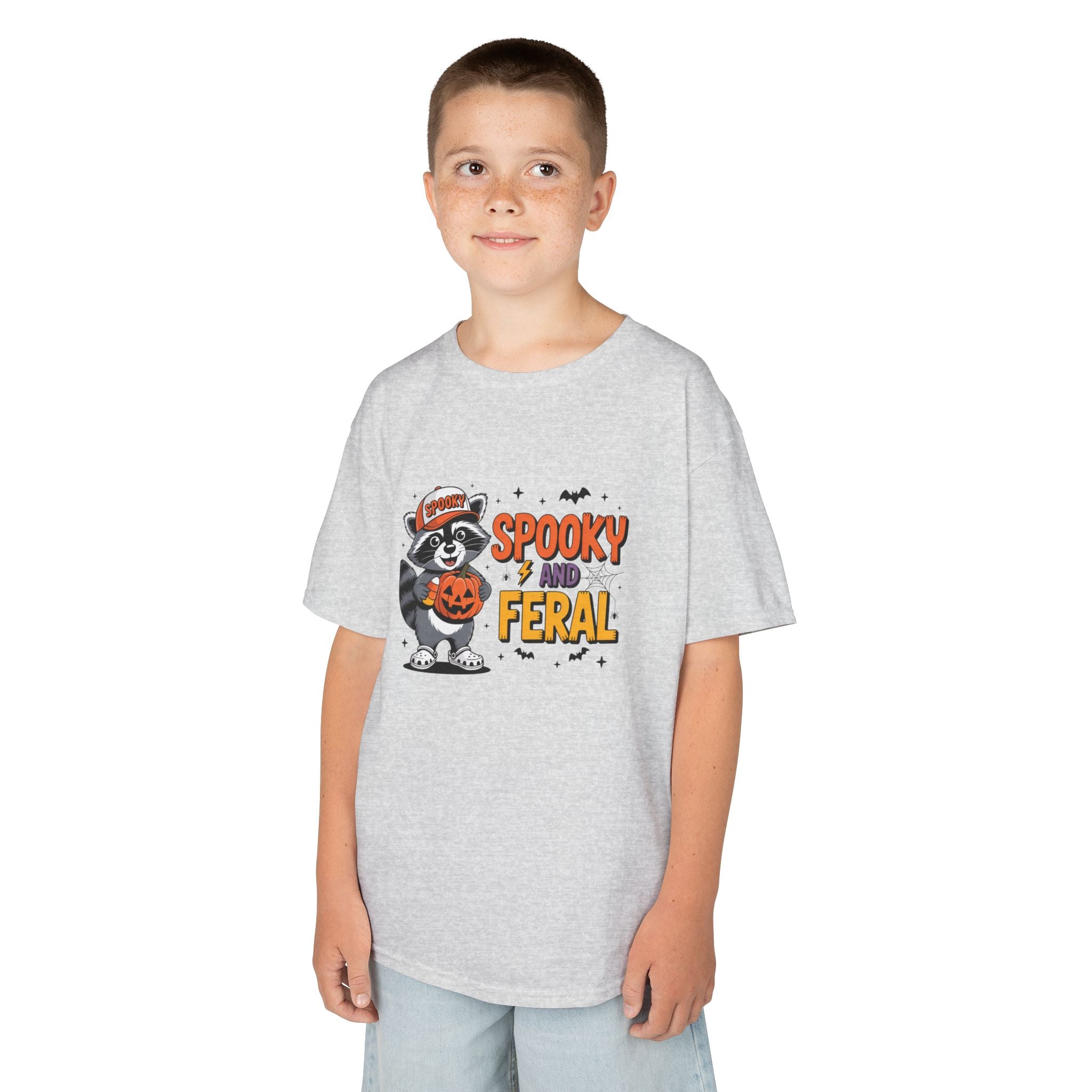 Kids Tee — "Spooky and Feral" Halloween Raccoon Pumpkin Shirt