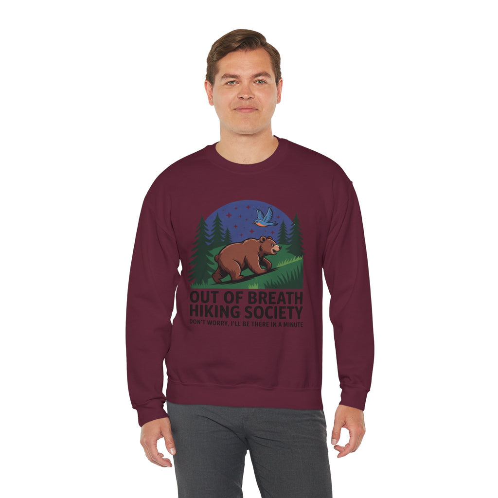 Out of Breath Hiking Society Crewneck Sweatshirt — Funny Bear Camping Graphic