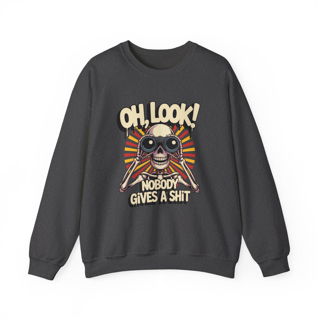 Crewneck Sweatshirt — 'Oh, Look! Nobody Gives a Shit' Skull Binoculars Graphic