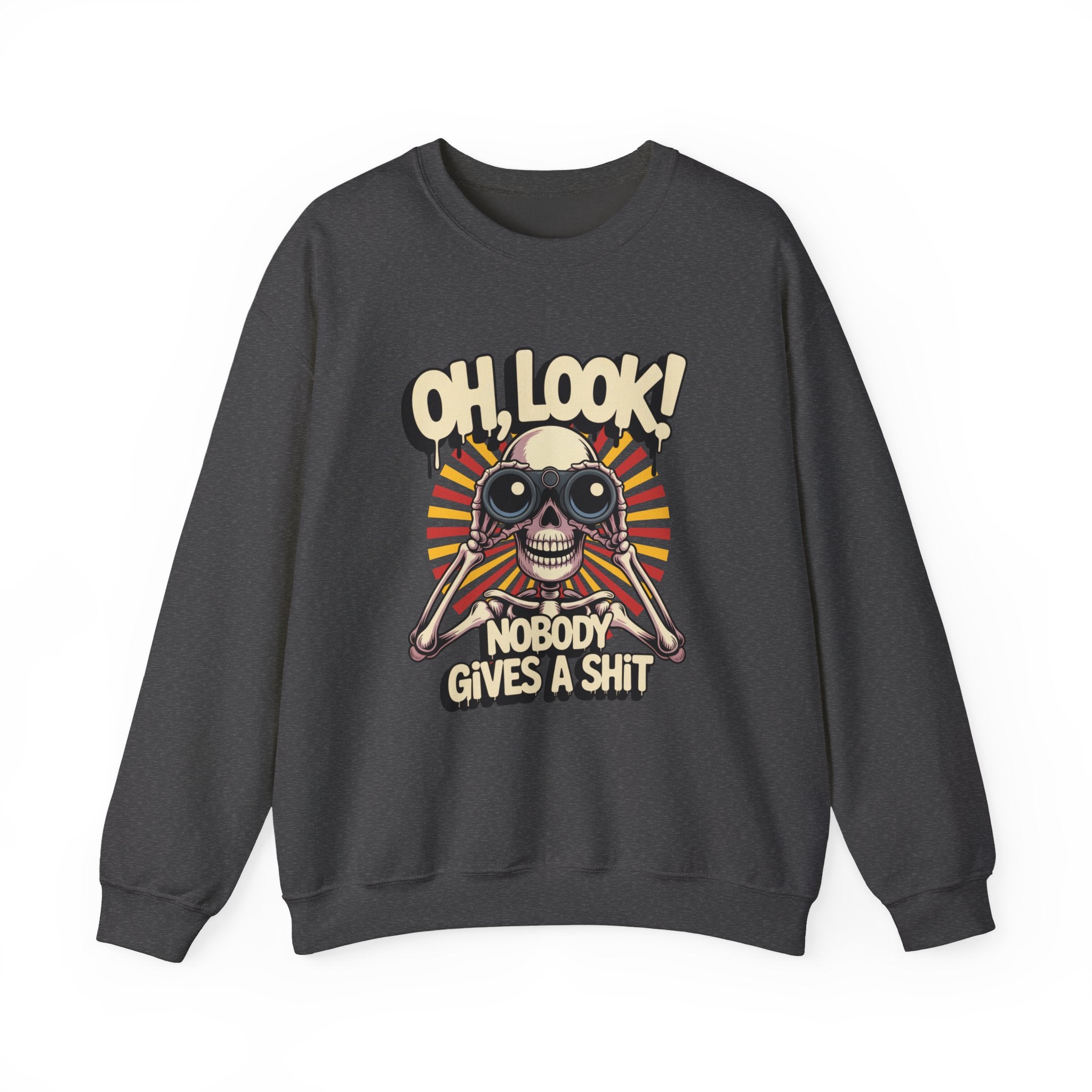 Crewneck Sweatshirt — 'Oh, Look! Nobody Gives a Shit' Skull Binoculars Graphic