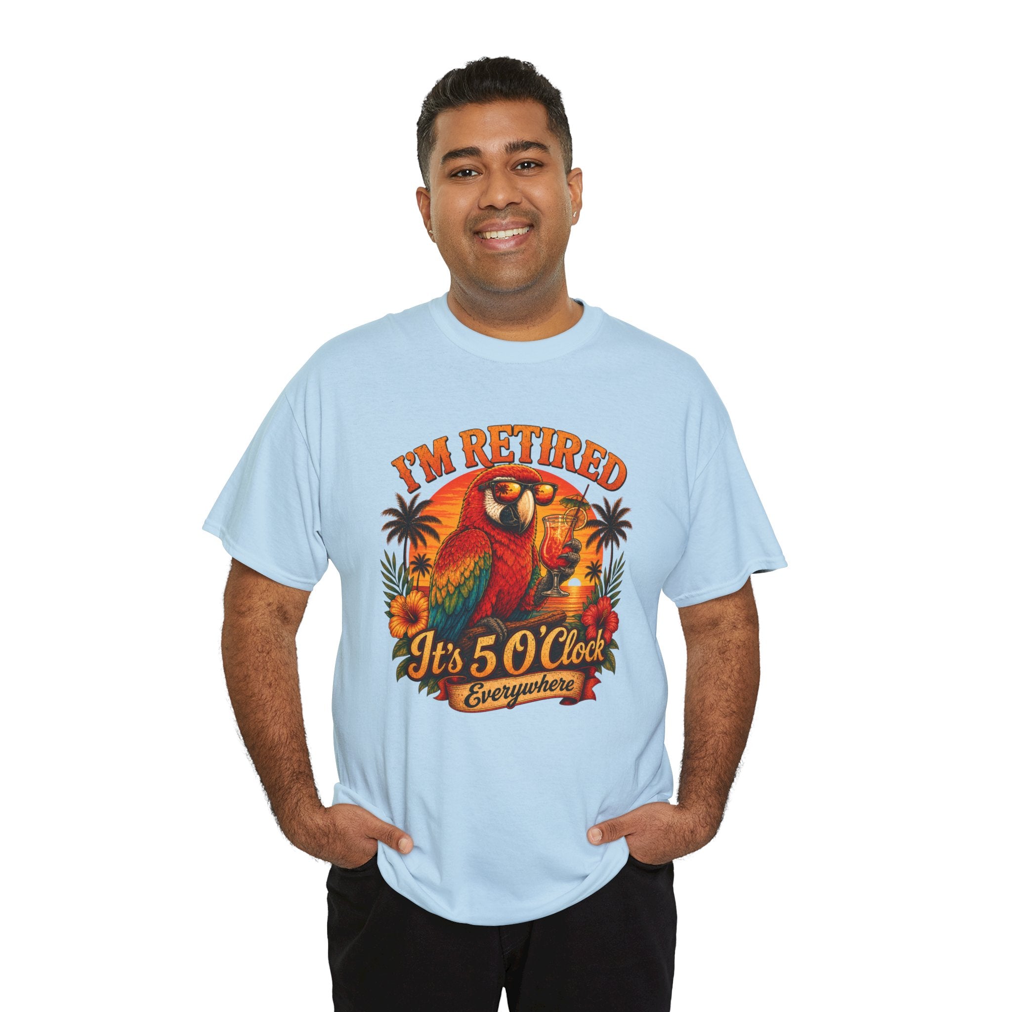 Funny Retirement T-Shirt — It's 5 O'Clock Everywhere Parrot Gift Tee for Retirees