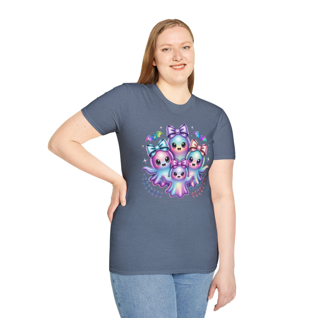 Cute Pastel Ghosts T-Shirt — Kawaii Iridescent Ghost Trio with Bows