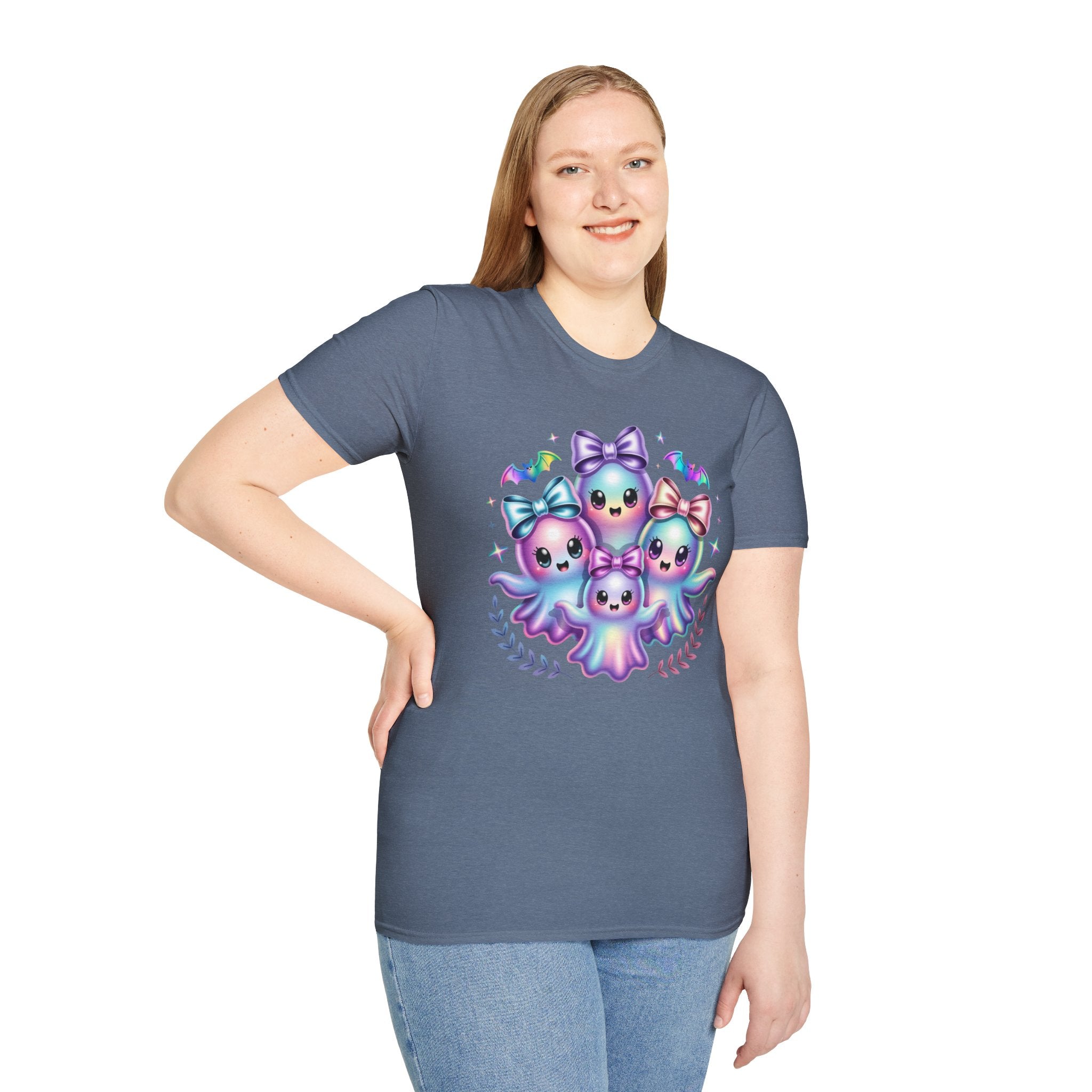 Cute Pastel Ghosts T-Shirt — Kawaii Iridescent Ghost Trio with Bows