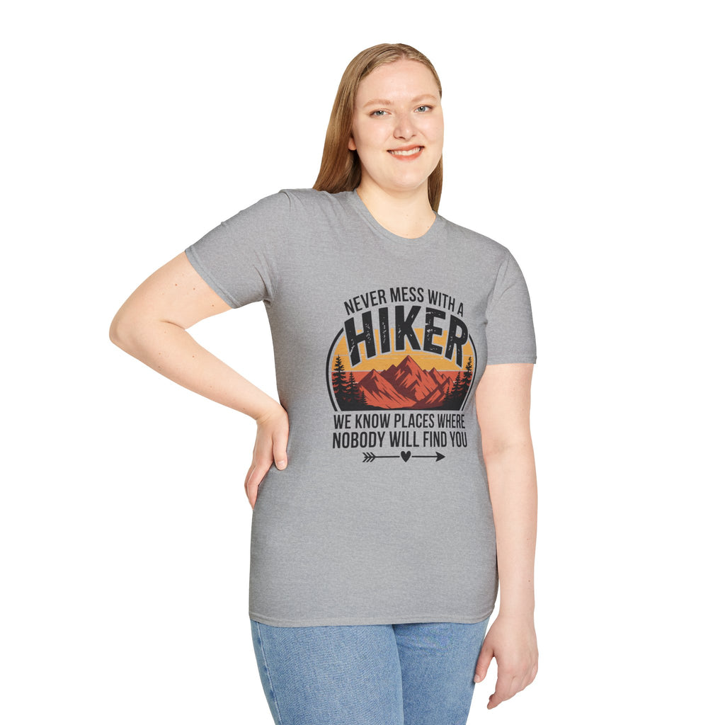 Hiker T-Shirt — "Never Mess With a Hiker" Mountain Sunset Tee
