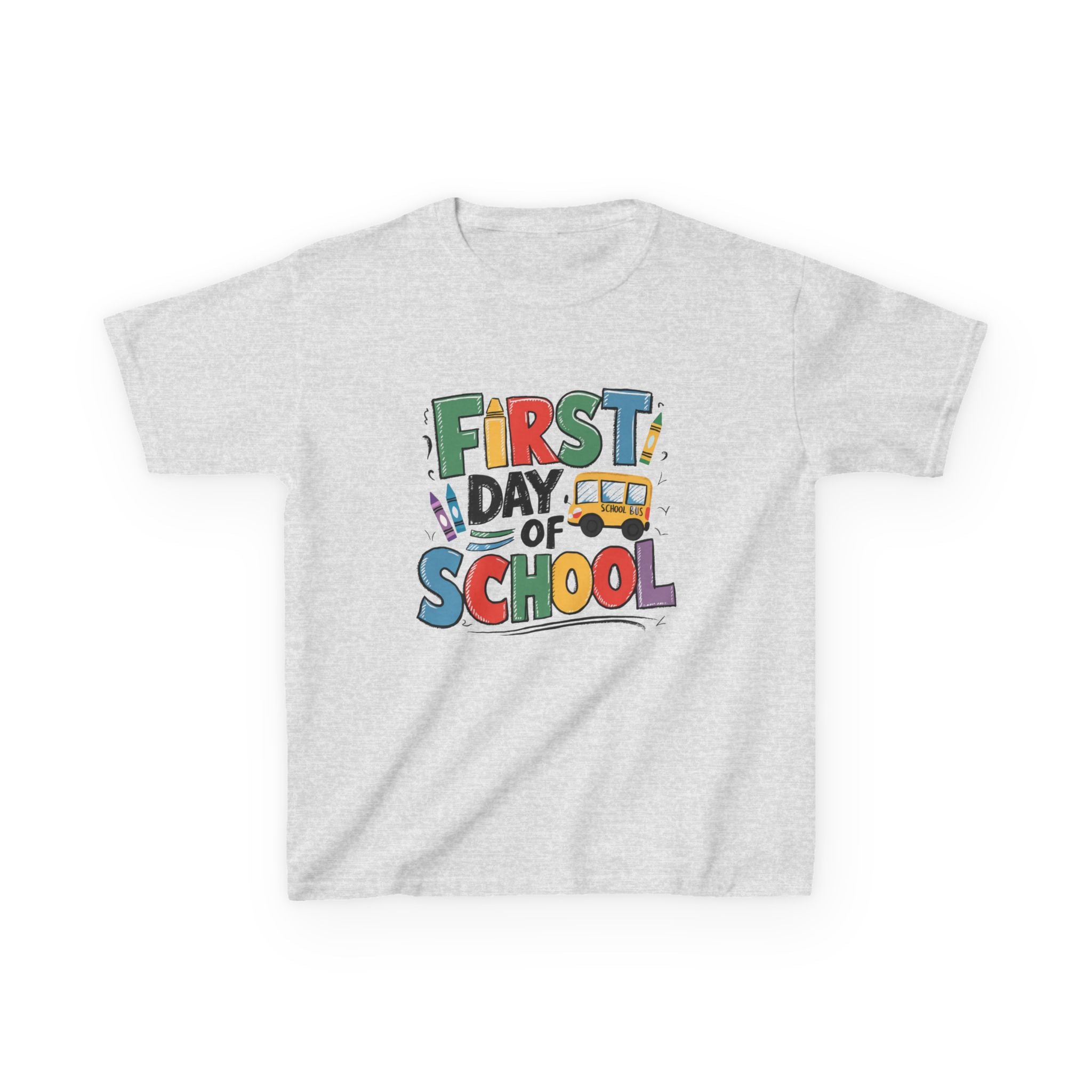 First Day of School Kids T-Shirt — Colorful Back-to-School Tee with School Bus Design