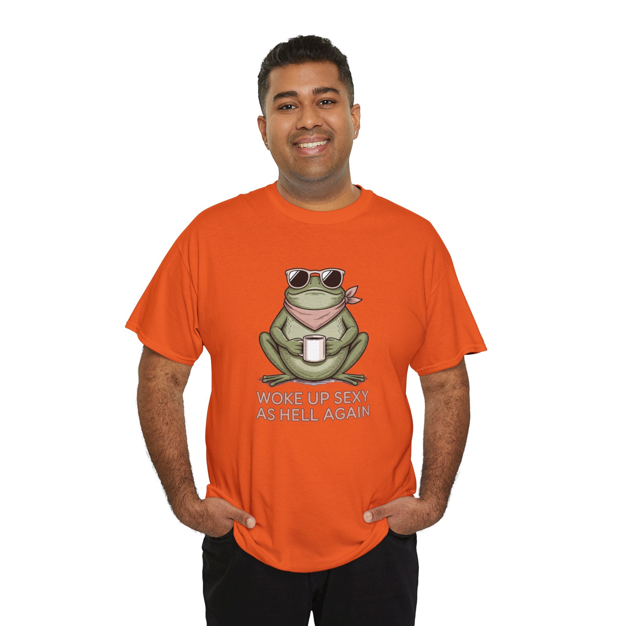 Frog Mug Graphic Tee — "Woke Up Sexy As Hell Again" Cotton T-Shirt