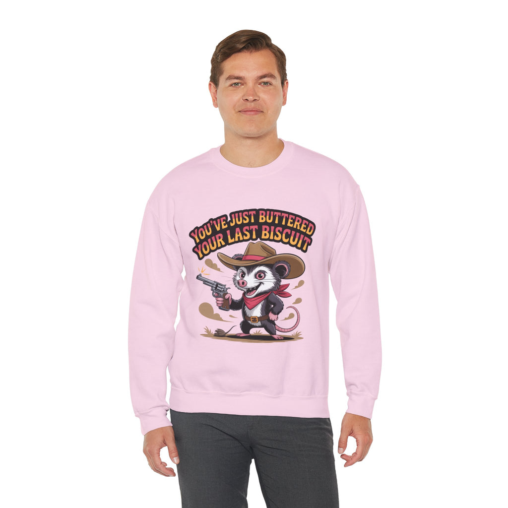 Crewneck Sweatshirt – "You’ve Just Buttered Your Last Biscuit" Cowboy Opossum Graphic