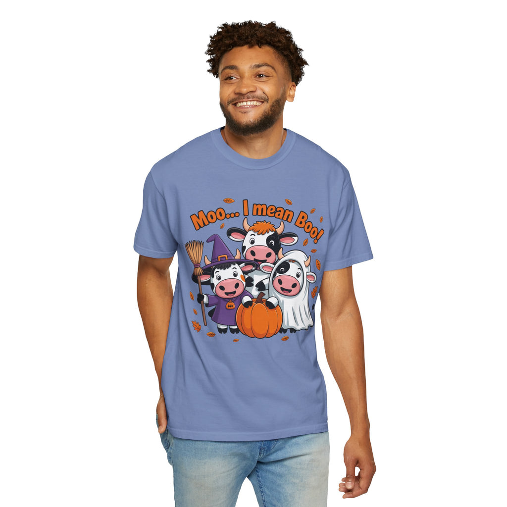 Halloween Cow T-Shirt – “Moo... I mean Boo!” Cute Pumpkin & Witch Cows Graphic Tee