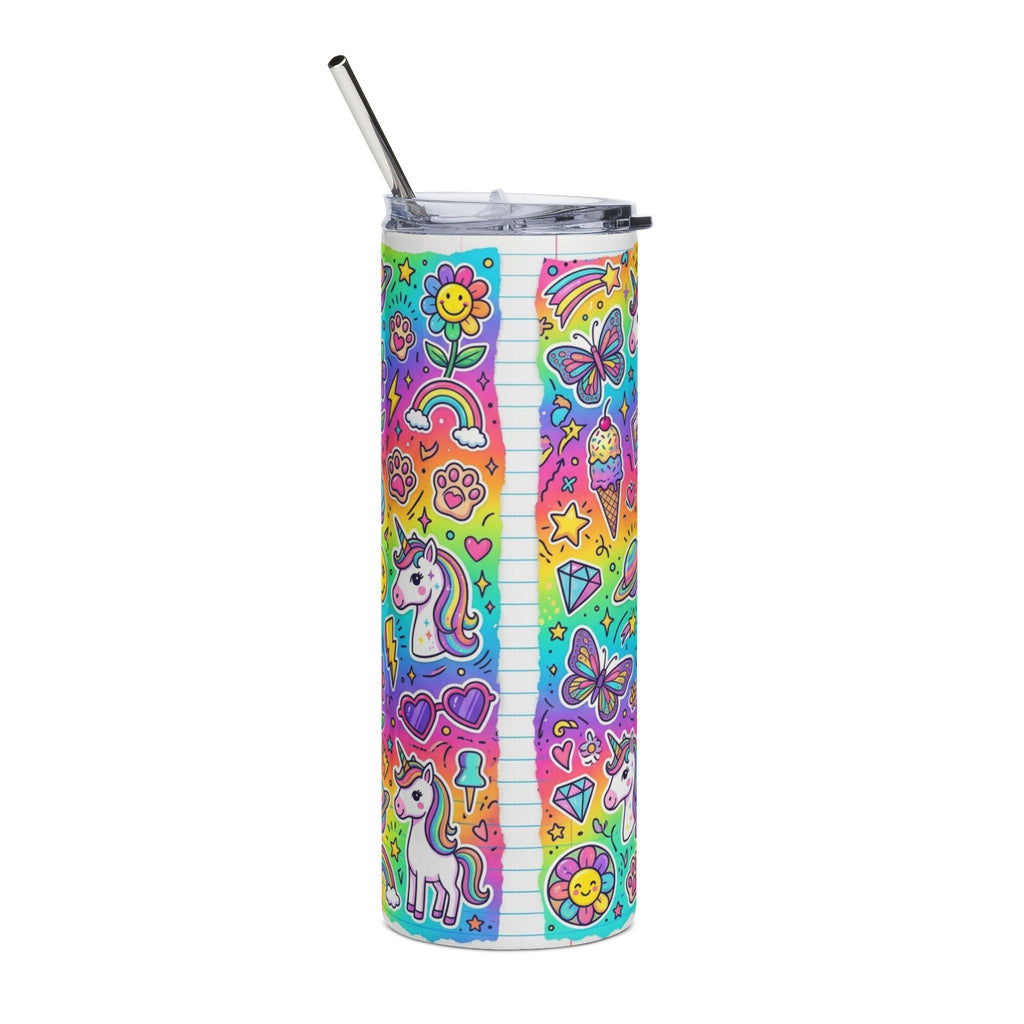 A tall, skinny tumbler with a clear lid and metal straw, decorated with a vibrant, colorful cartoon pattern featuring unicorns, butterflies, flowers, and rainbows on a white background.