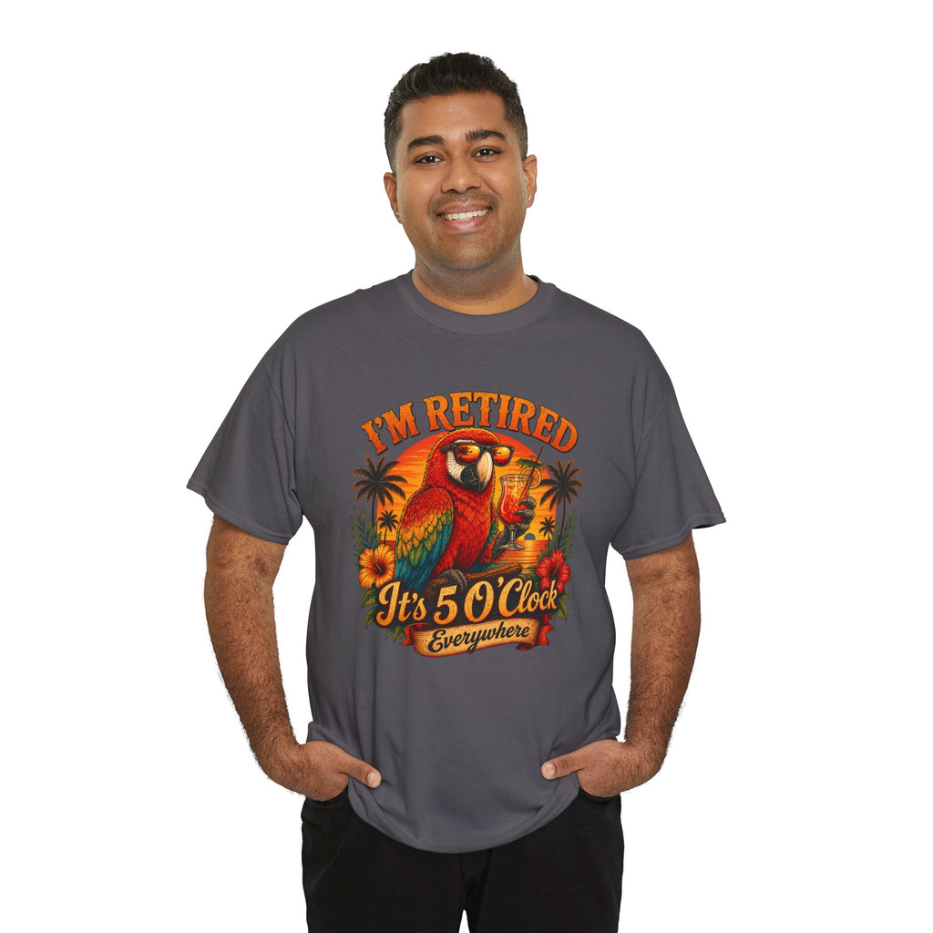 Funny Retirement T-Shirt — It's 5 O'Clock Everywhere Parrot Gift Tee for Retirees