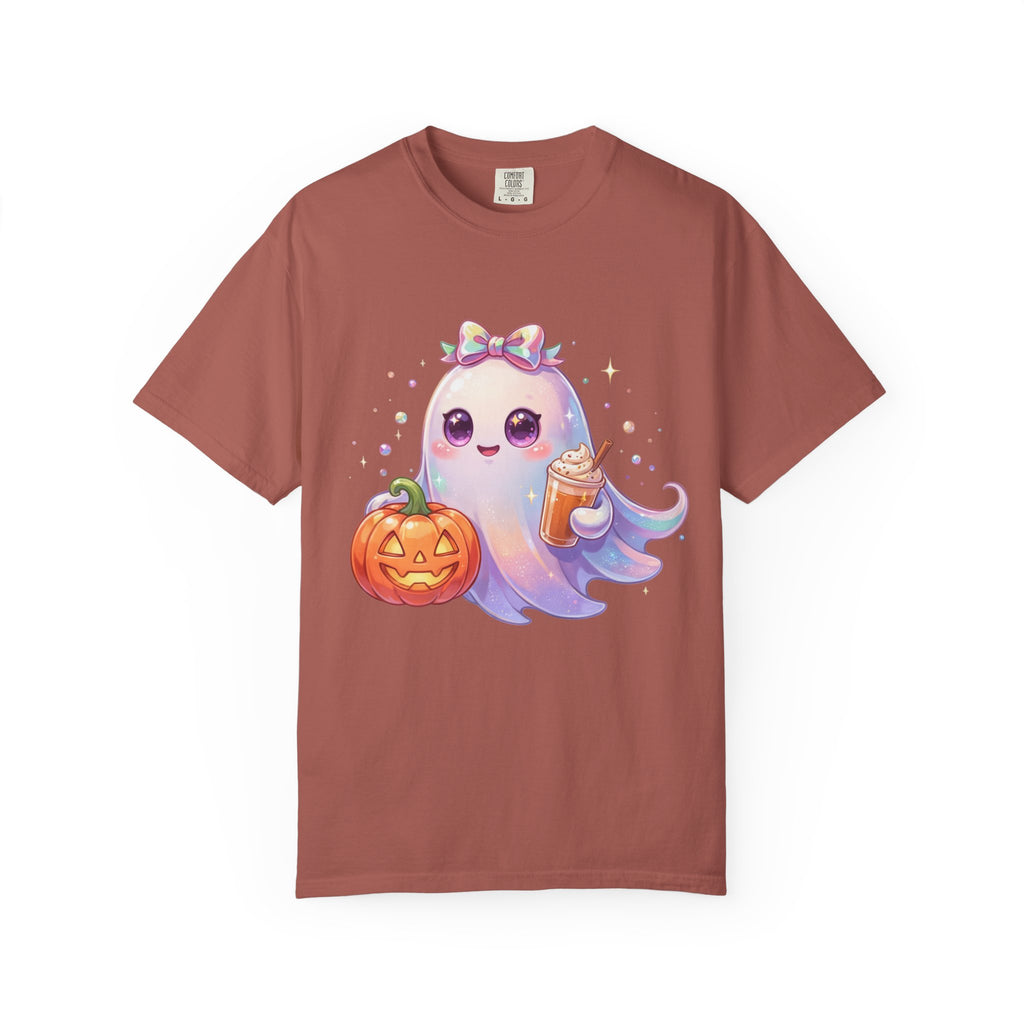 Cute Halloween Ghost T-Shirt — Kawaii Pumpkin & Candy Drink Graphic