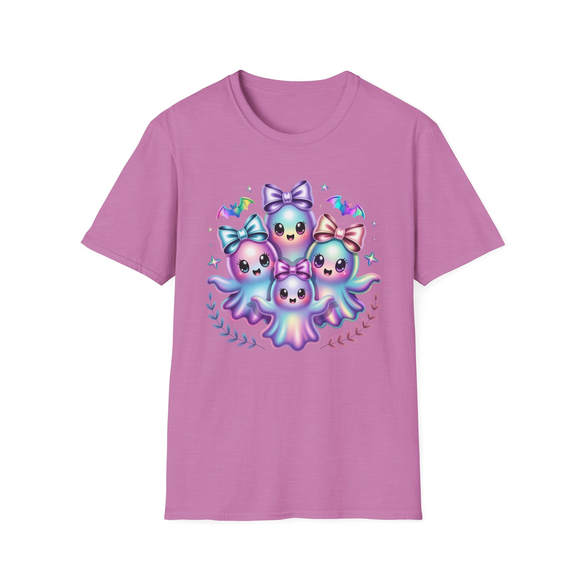A pink short-sleeve crewneck t-shirt featuring a colorful graphic of four cute pastel cartoon ghosts with bows and sparkles on the chest, displayed against a solid white background.