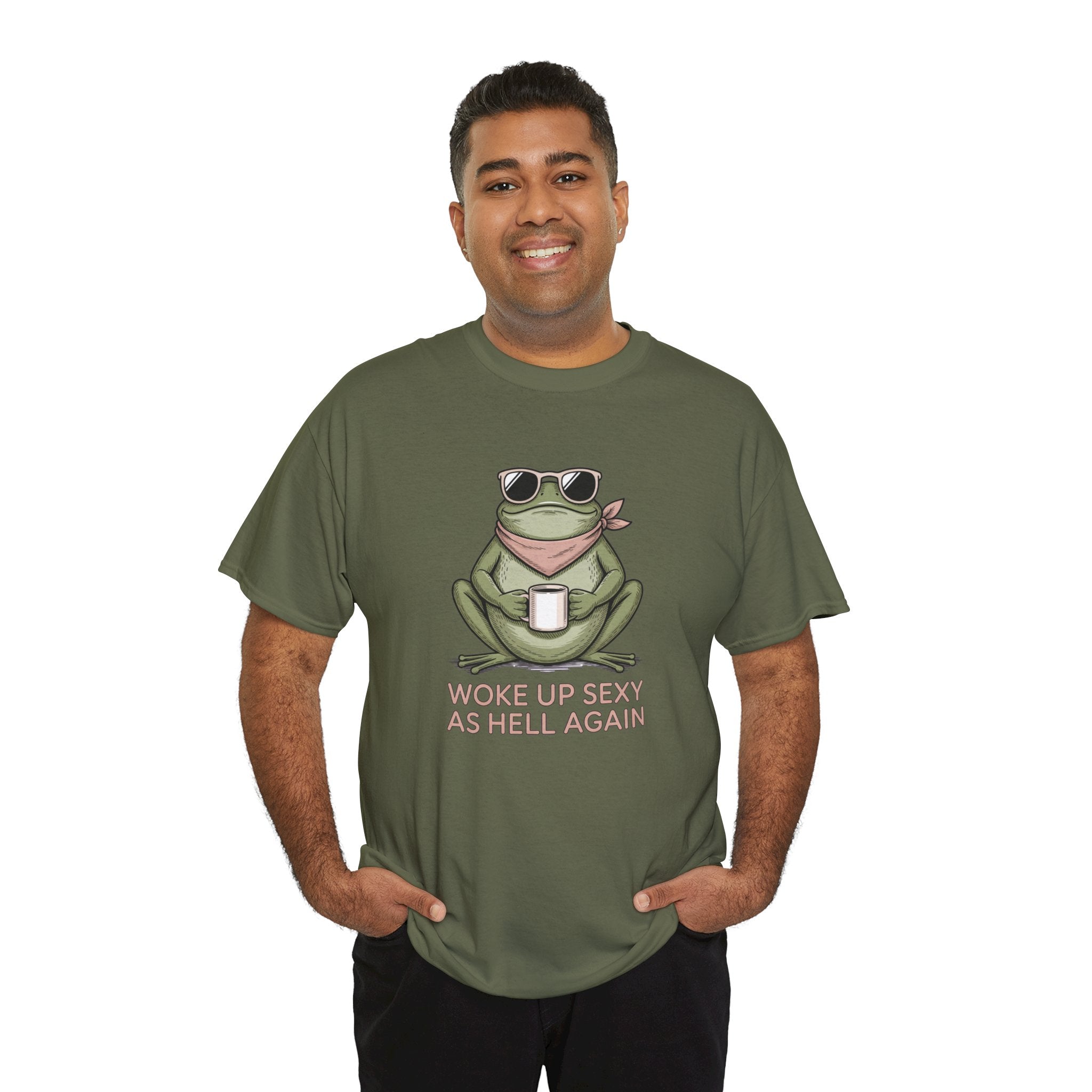 Frog Mug Graphic Tee — "Woke Up Sexy As Hell Again" Cotton T-Shirt