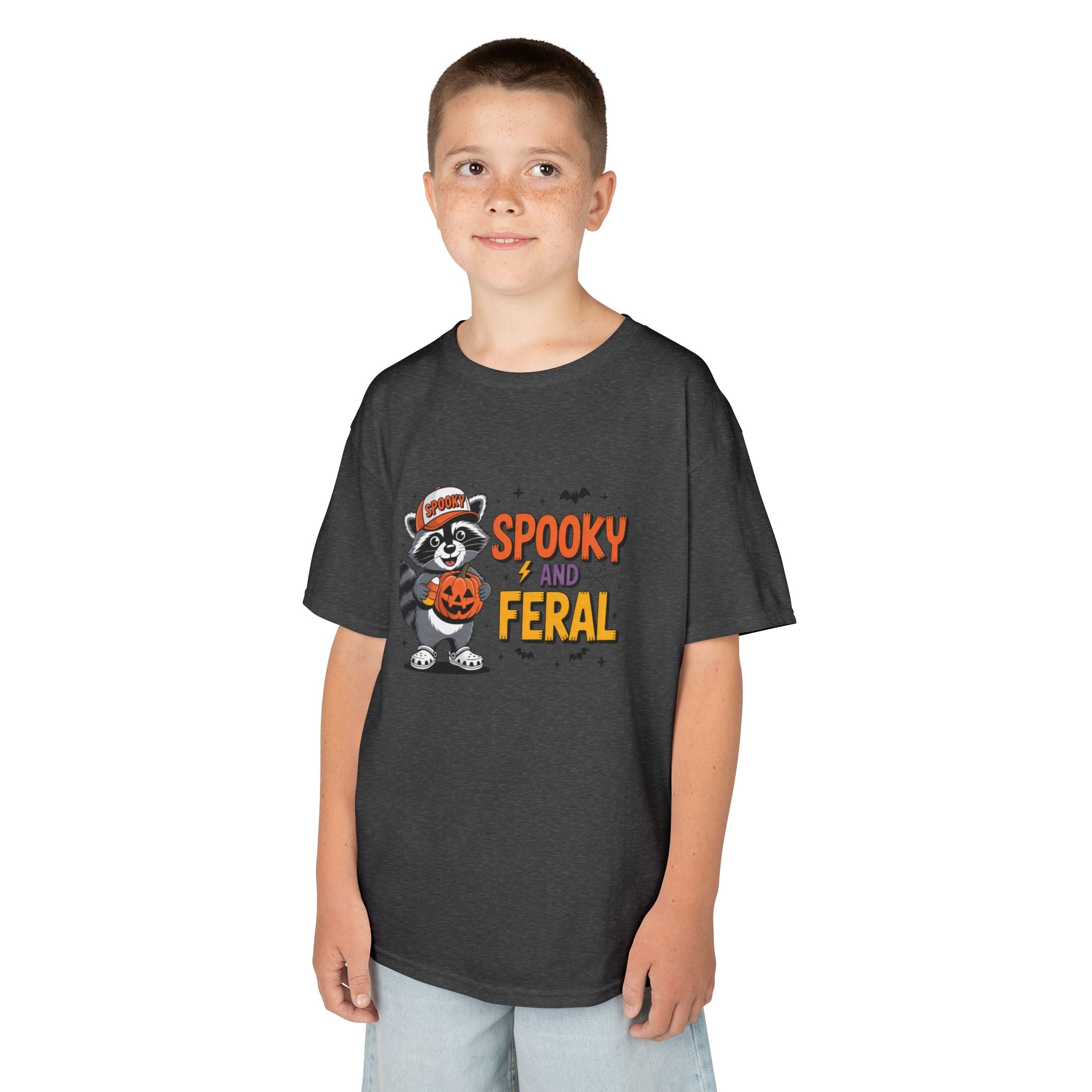 Kids Tee — "Spooky and Feral" Halloween Raccoon Pumpkin Shirt