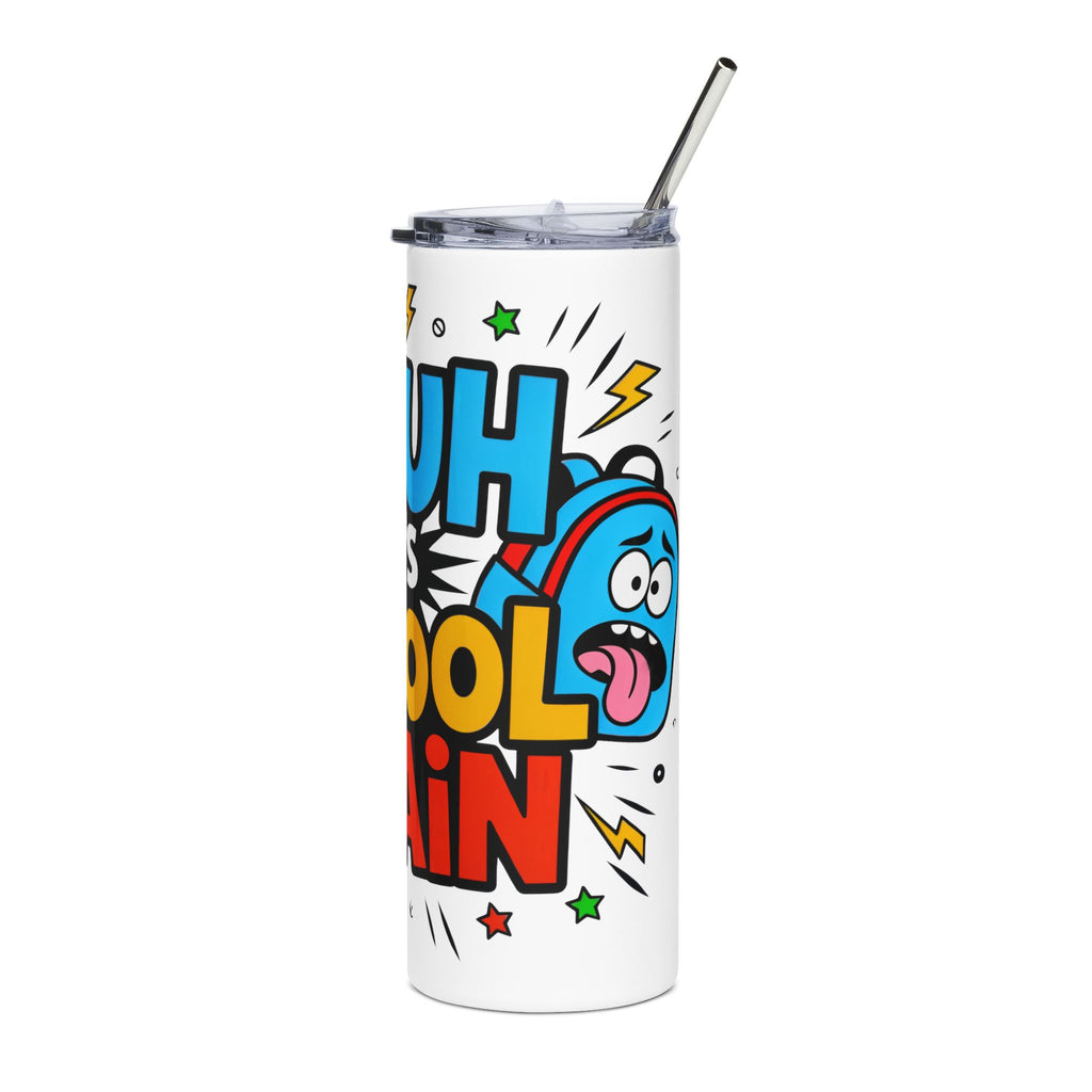 A white insulated tumbler with a clear lid and metal straw, featuring a colorful cartoon graphic of a blue character and comic-style text on the front.