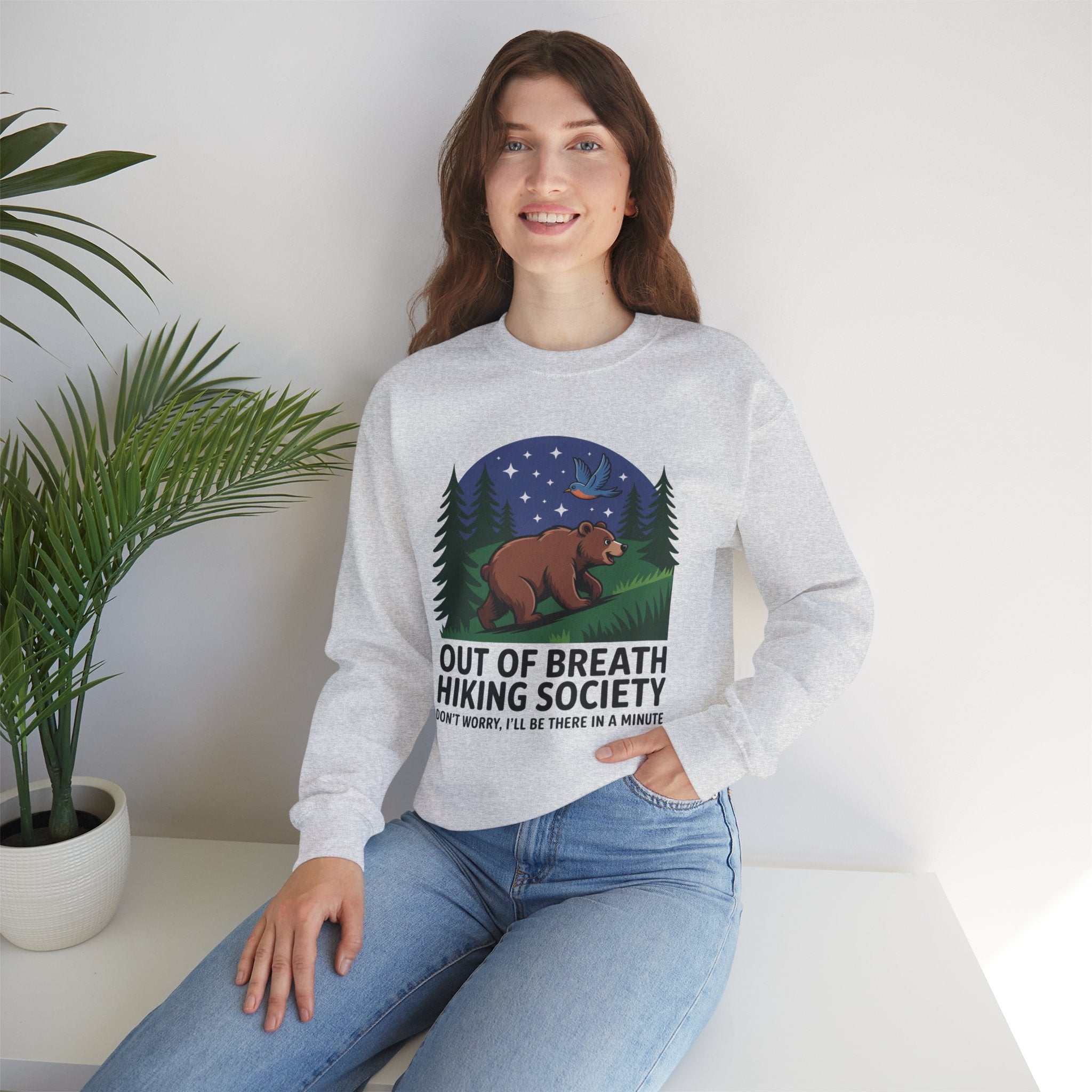 Out of Breath Hiking Society Crewneck Sweatshirt — Funny Bear Camping Graphic
