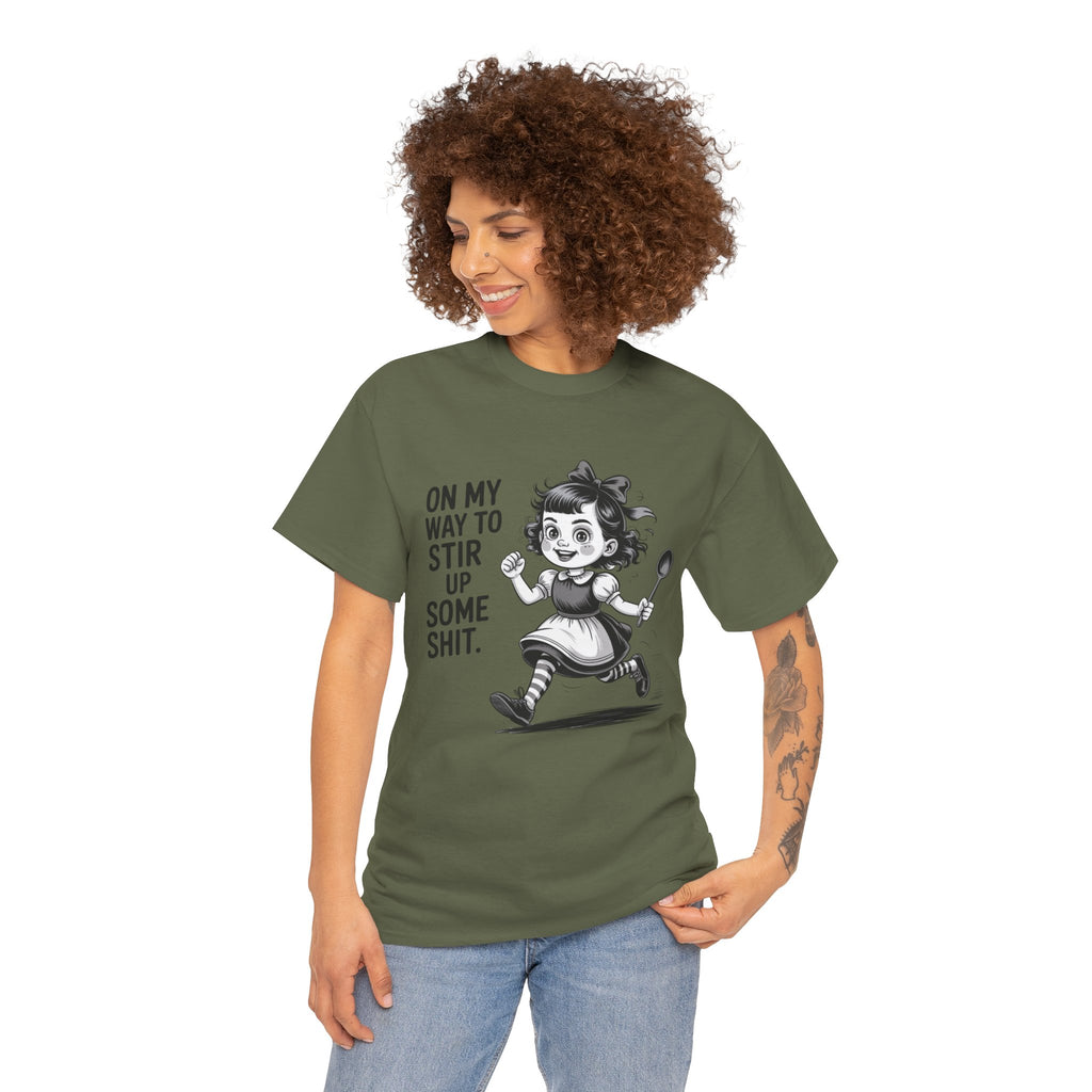 Stir Up Some Shit Tee — Retro Mischief Girl Graphic T-Shirt