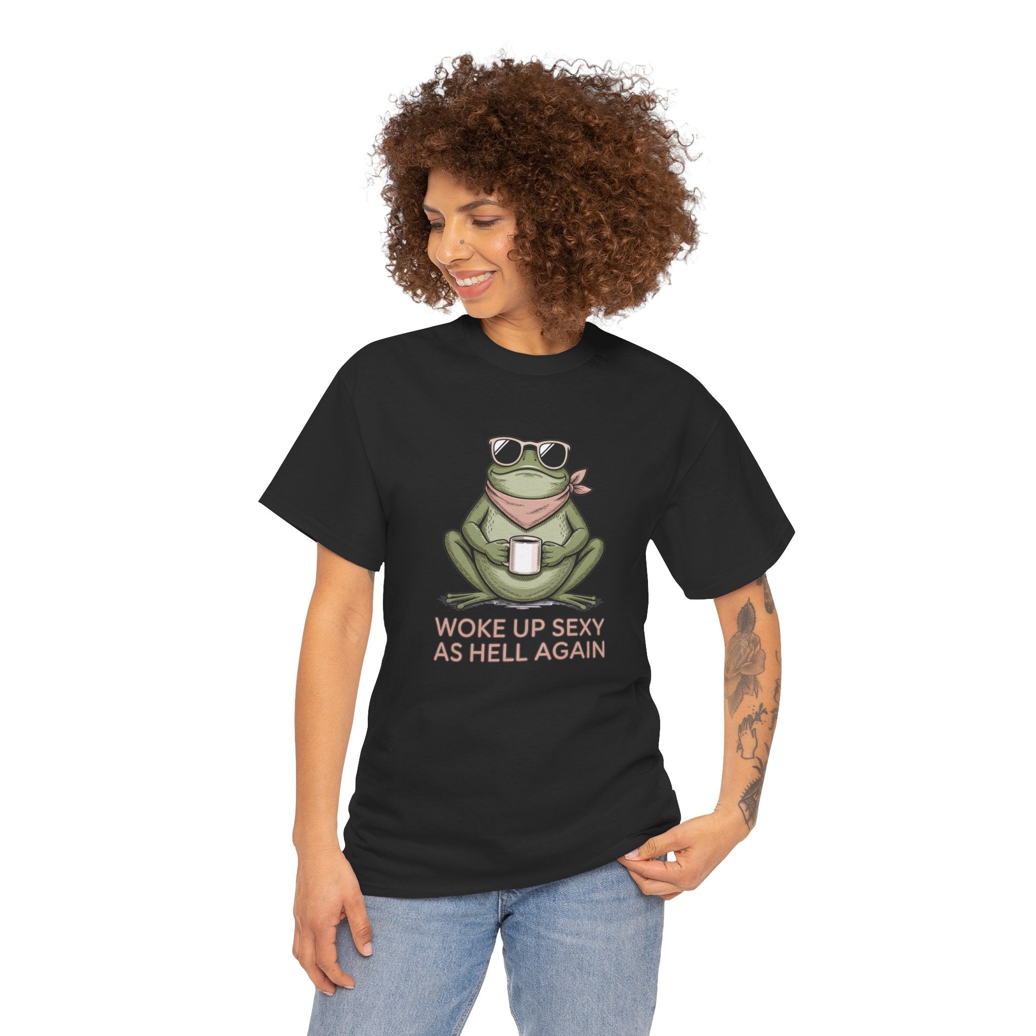 Frog Mug Graphic Tee — "Woke Up Sexy As Hell Again" Cotton T-Shirt