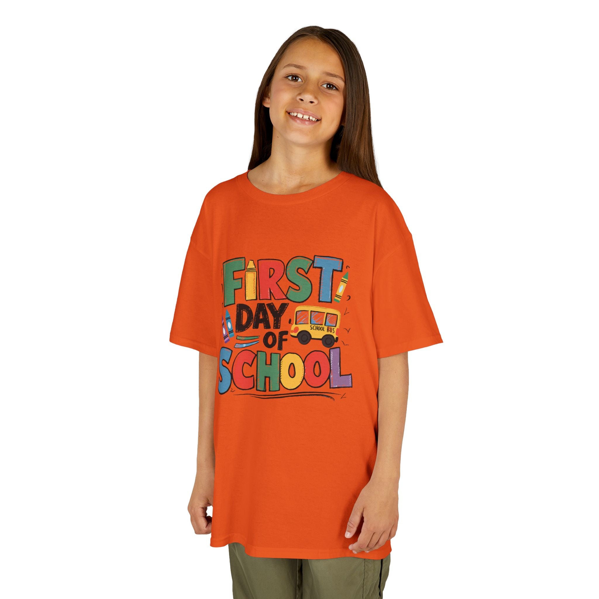 First Day of School Kids T-Shirt — Colorful Back-to-School Tee with School Bus Design