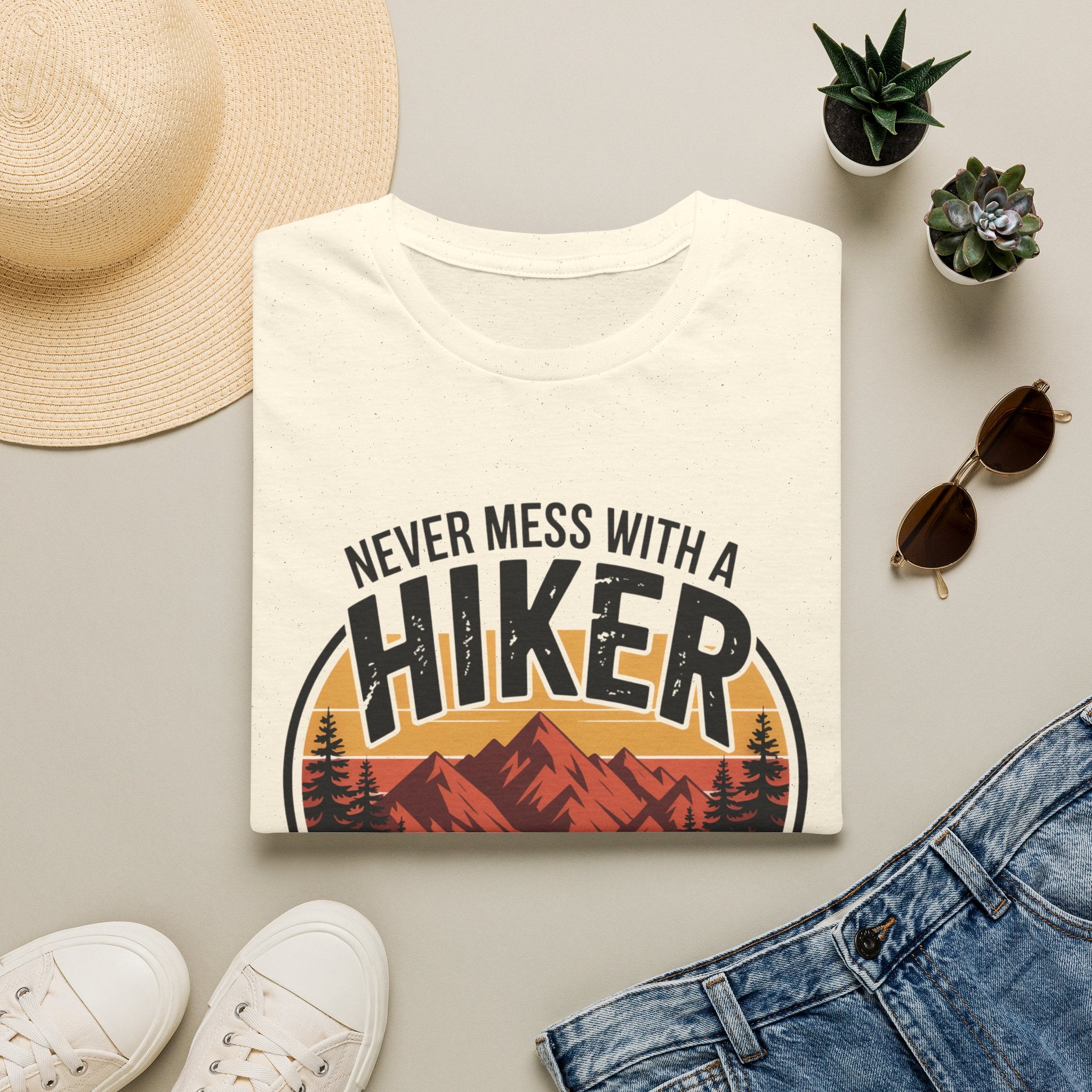 Hiker T-Shirt — "Never Mess With a Hiker" Mountain Sunset Tee