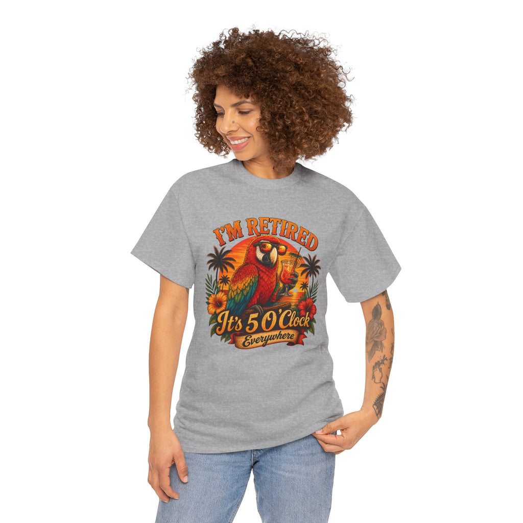 Funny Retirement T-Shirt — It's 5 O'Clock Everywhere Parrot Gift Tee for Retirees