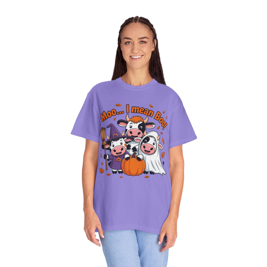 Halloween Cow T-Shirt – “Moo... I mean Boo!” Cute Pumpkin & Witch Cows Graphic Tee