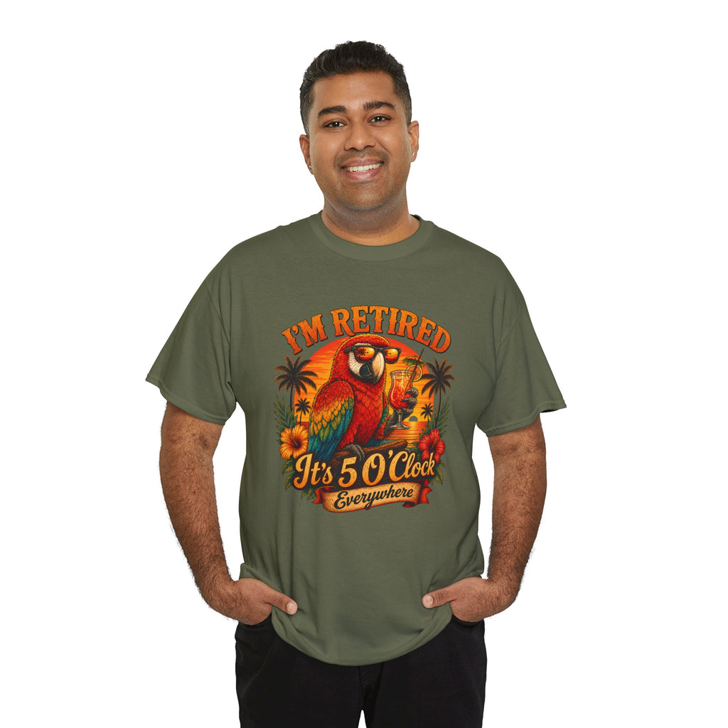 Funny Retirement T-Shirt — It's 5 O'Clock Everywhere Parrot Gift Tee for Retirees