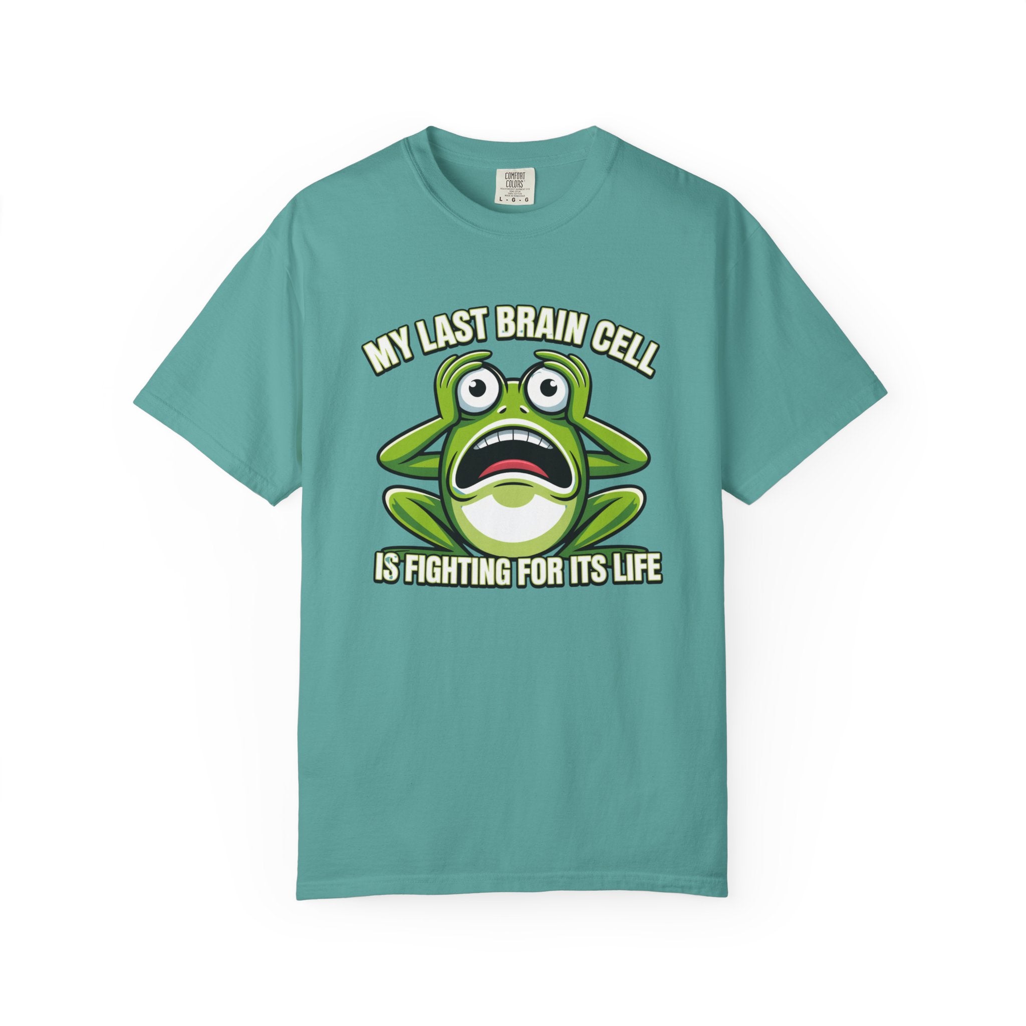 Teal t-shirt with a graphic design featuring a skull, bandana, and text on a white background