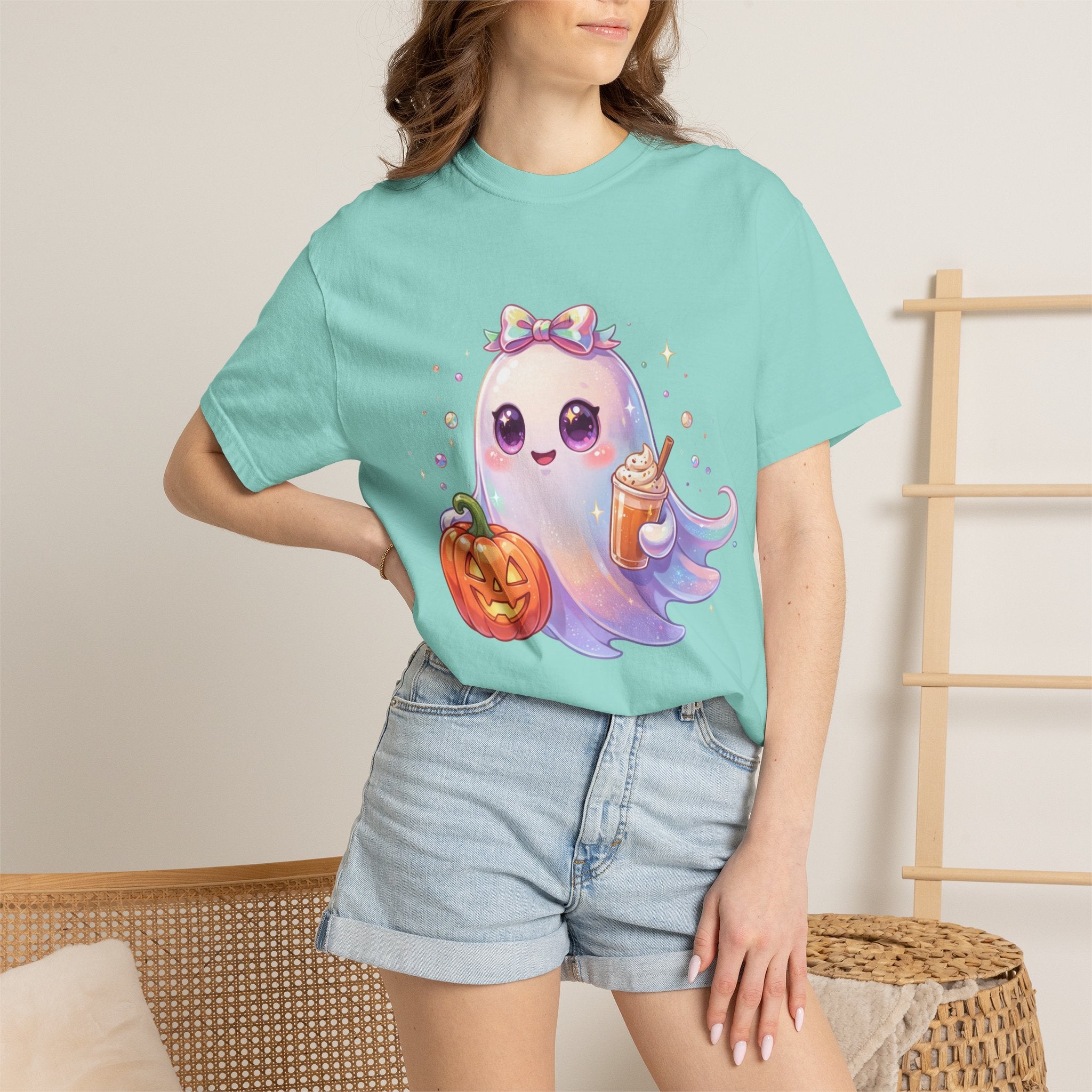 Cute Halloween Ghost T-Shirt — Kawaii Pumpkin & Candy Drink Graphic