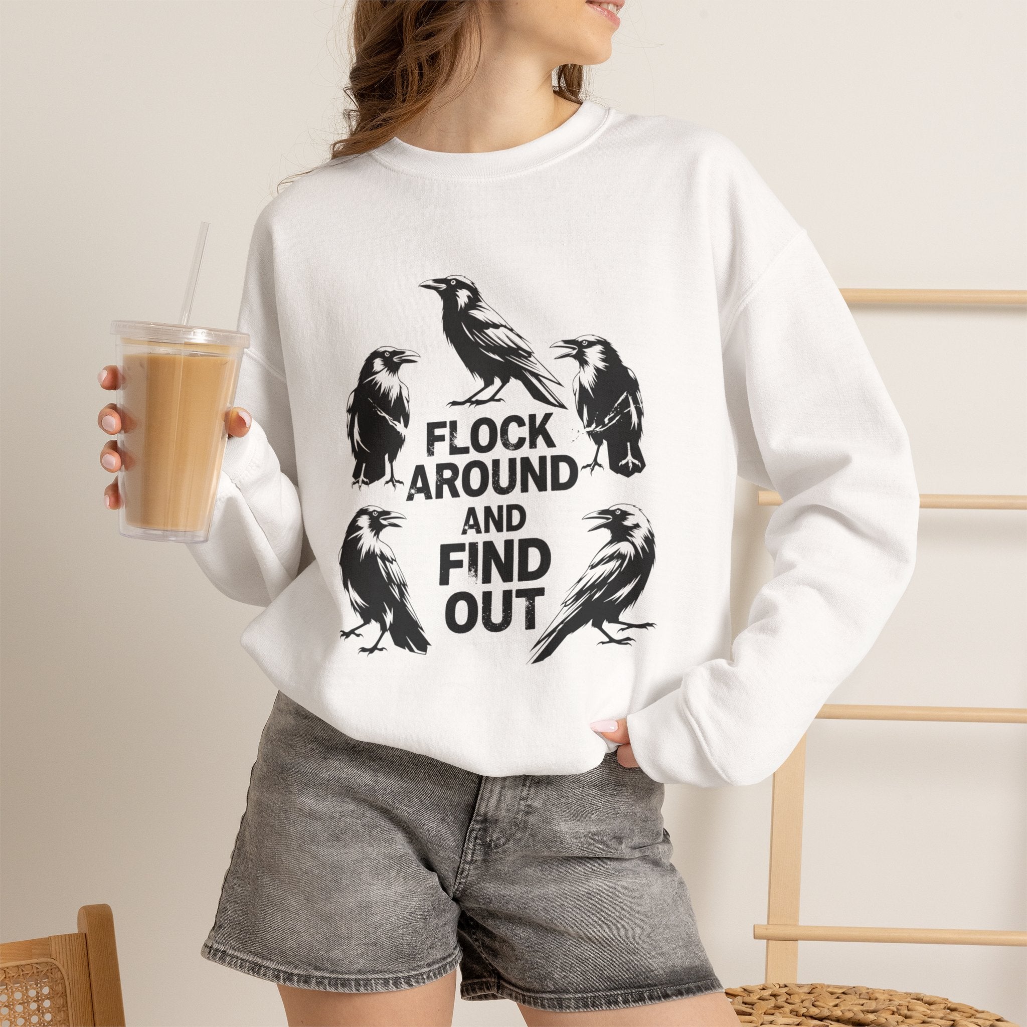 Funny Crow Crewneck Sweatshirt — Flock Around and Find Out Dark Humor Gift Pullover for Women