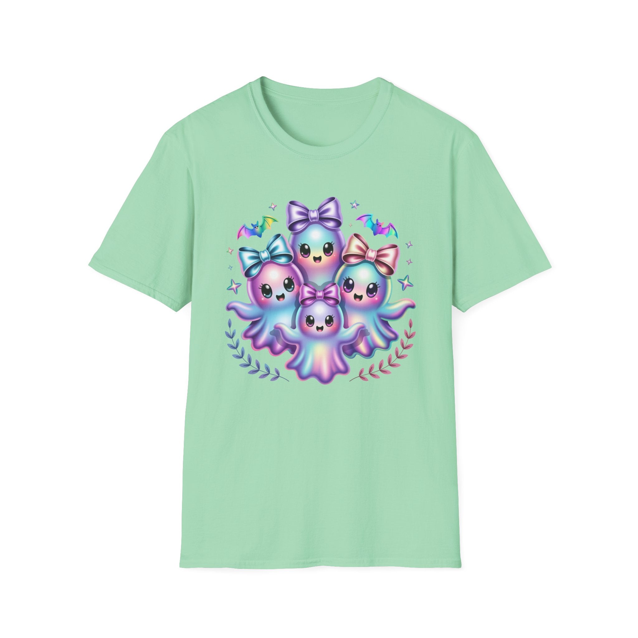 Cute Pastel Ghosts T-Shirt — Kawaii Iridescent Ghost Trio with Bows
