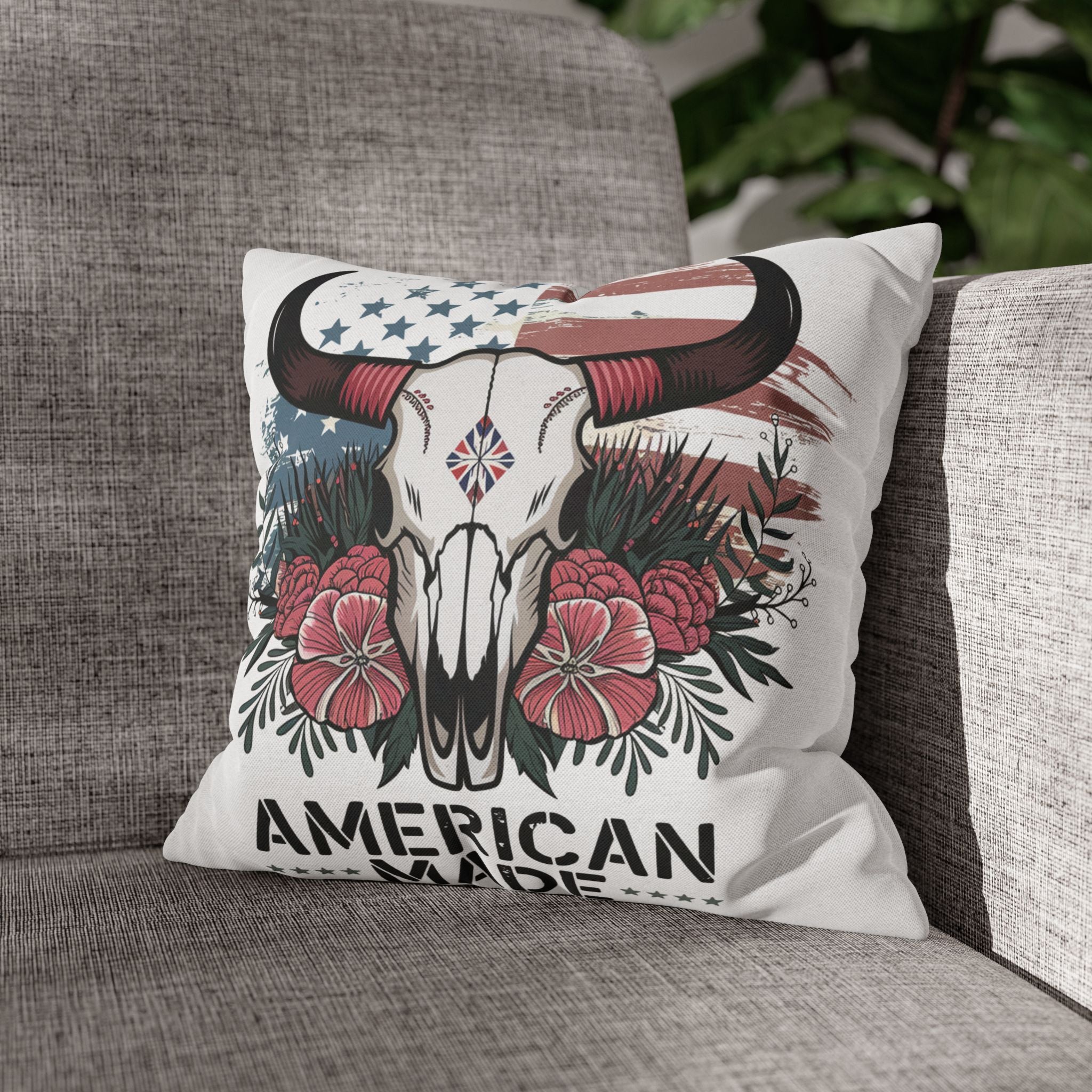 American Made Skull Pillowcase — Patriotic Western Decorative Pillow