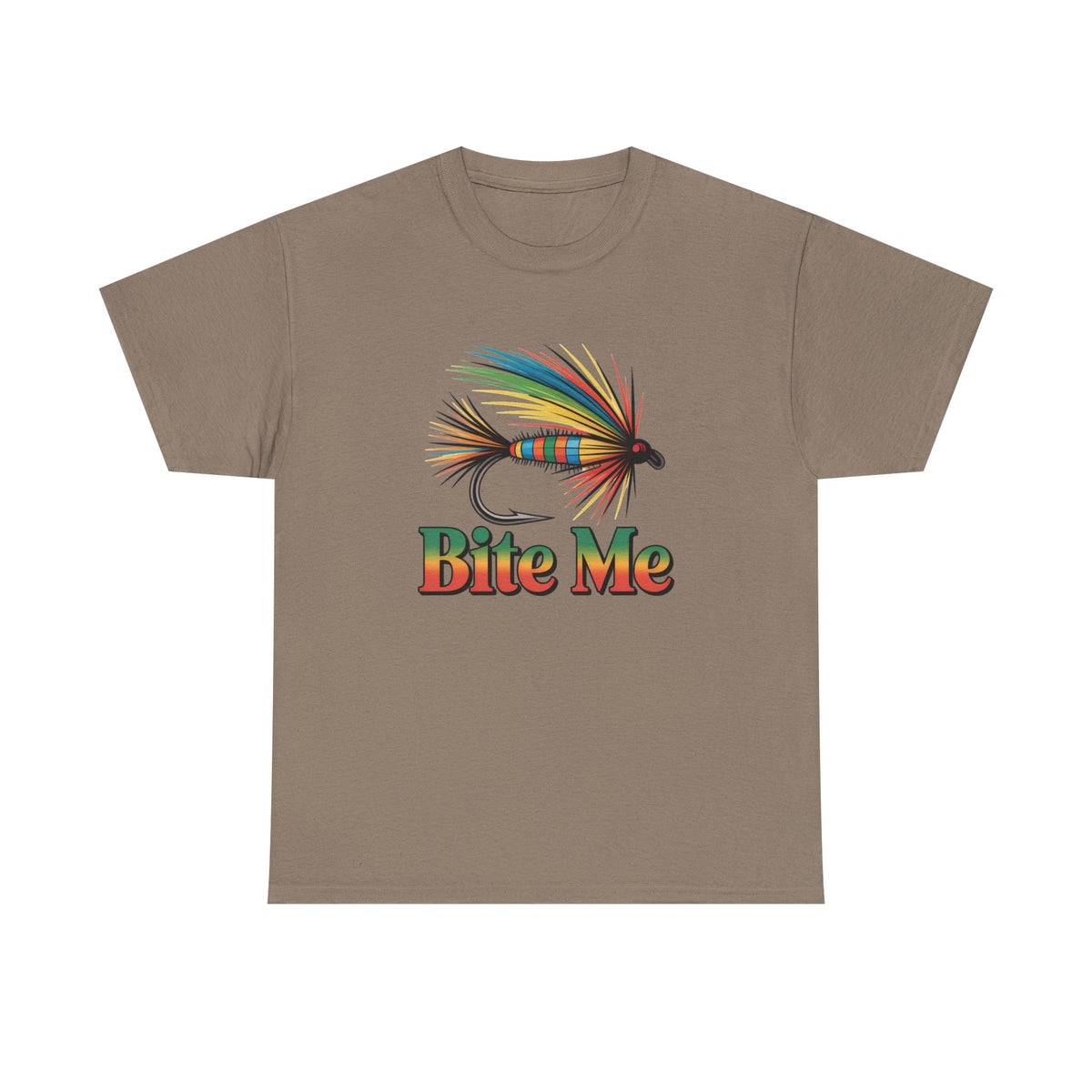 Fishing T-Shirt — Colorful Fly Design with "Bite Me" Text