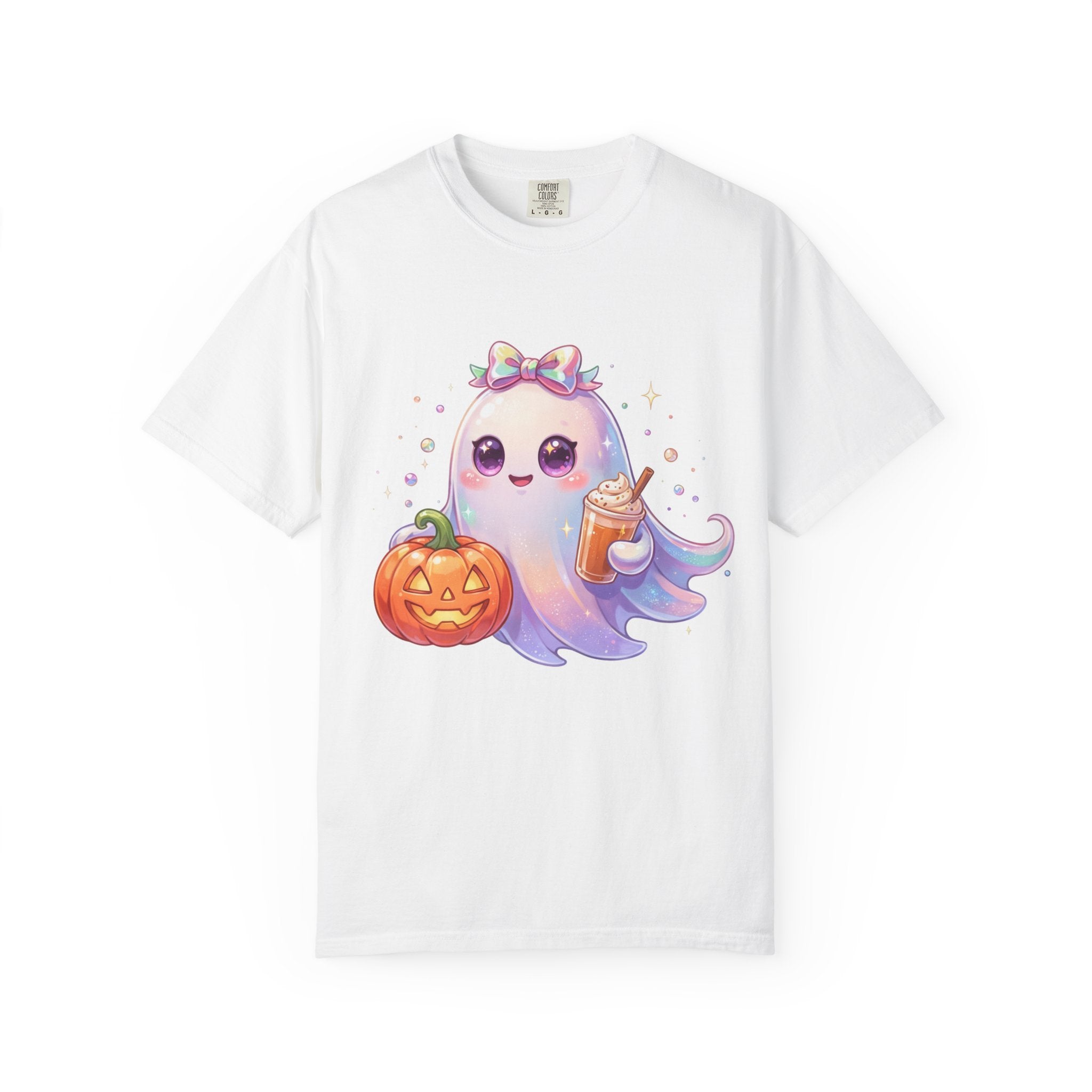 A white short-sleeve crewneck t-shirt featuring a cute cartoon graphic of a smiling purple ghost holding an orange jack-o'-lantern and a milkshake, set against a plain white background.