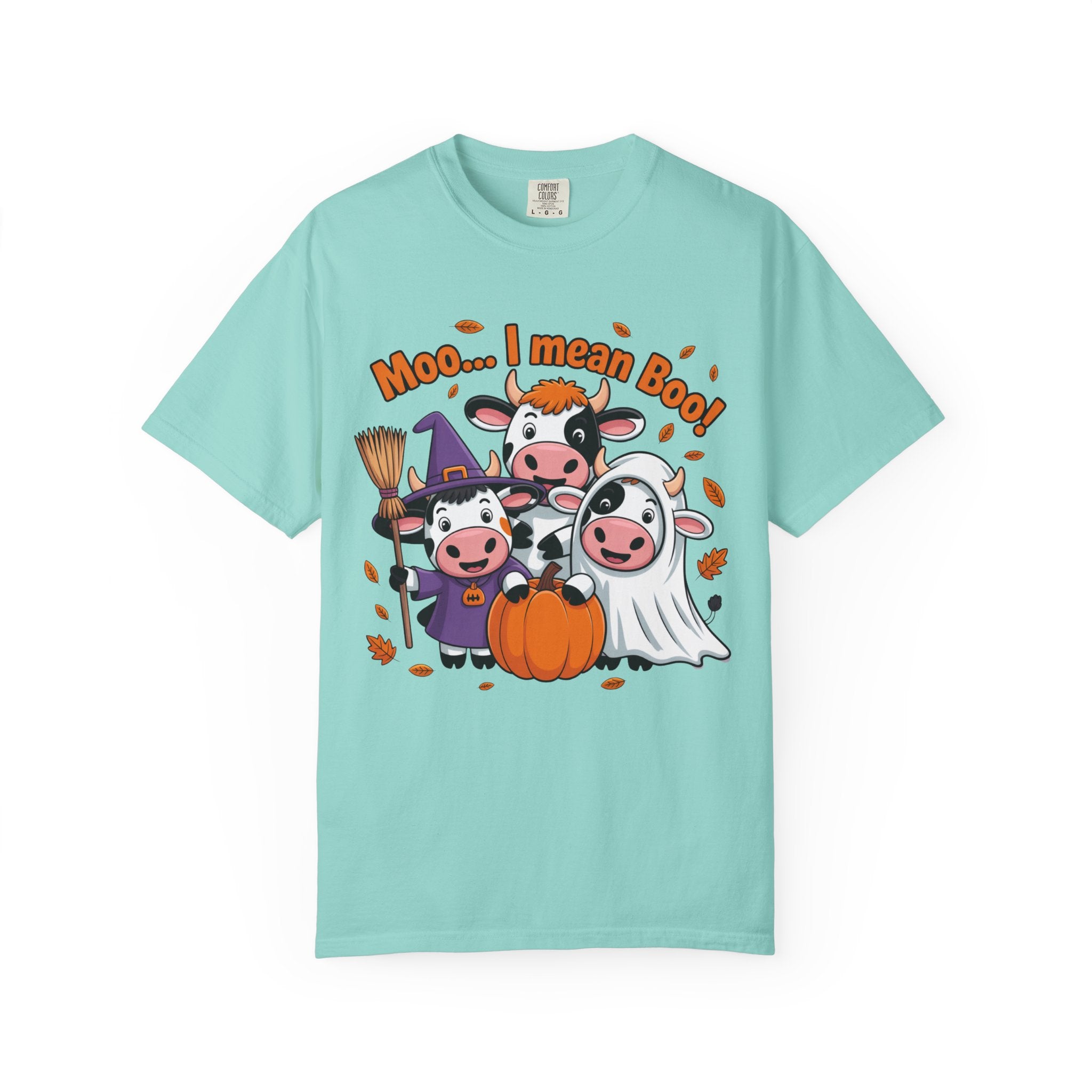 Halloween Cow T-Shirt – “Moo... I mean Boo!” Cute Pumpkin & Witch Cows Graphic Tee