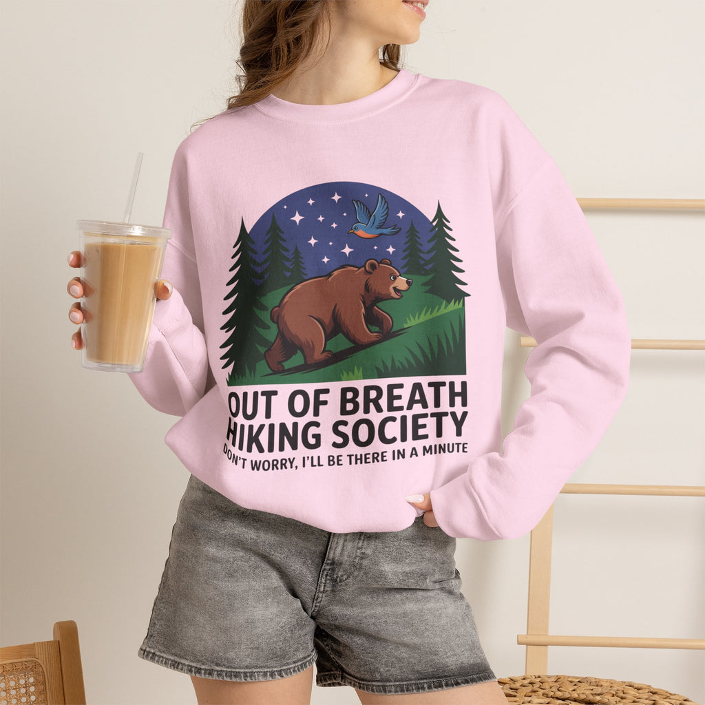 Out of Breath Hiking Society Crewneck Sweatshirt — Funny Bear Camping Graphic
