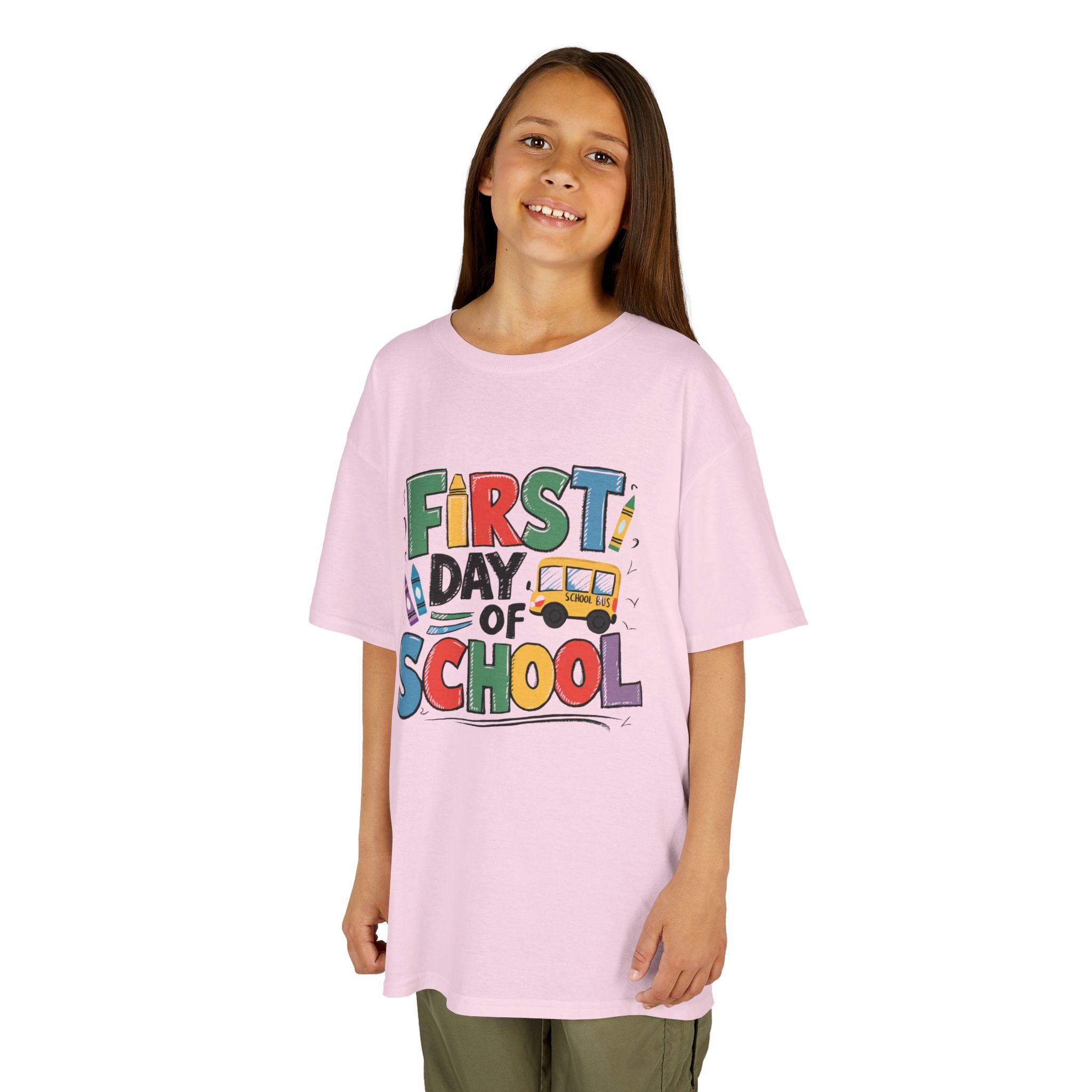First Day of School Kids T-Shirt — Colorful Back-to-School Tee with School Bus Design