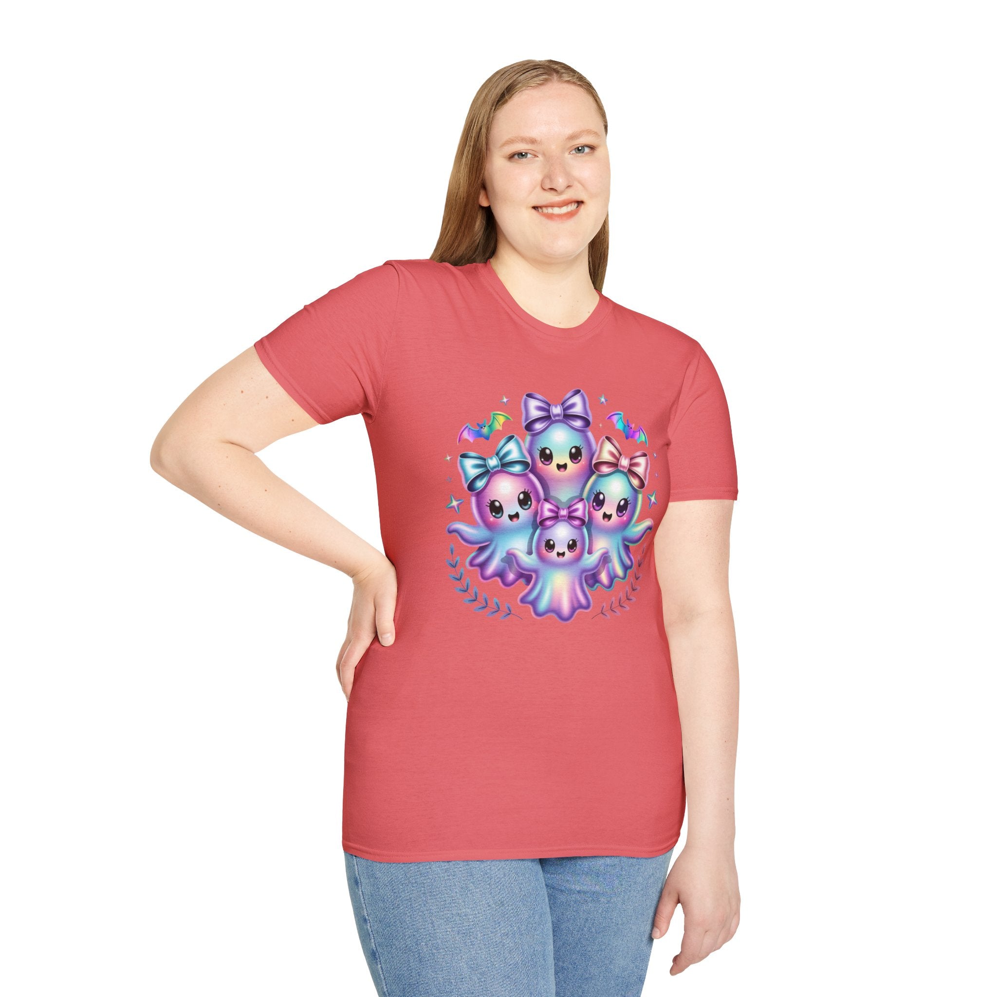 Cute Pastel Ghosts T-Shirt — Kawaii Iridescent Ghost Trio with Bows