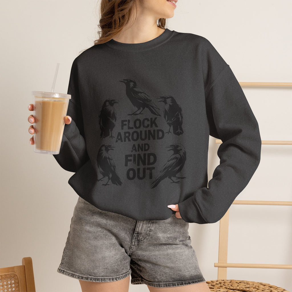 Funny Crow Crewneck Sweatshirt — Flock Around and Find Out Dark Humor Gift Pullover for Women