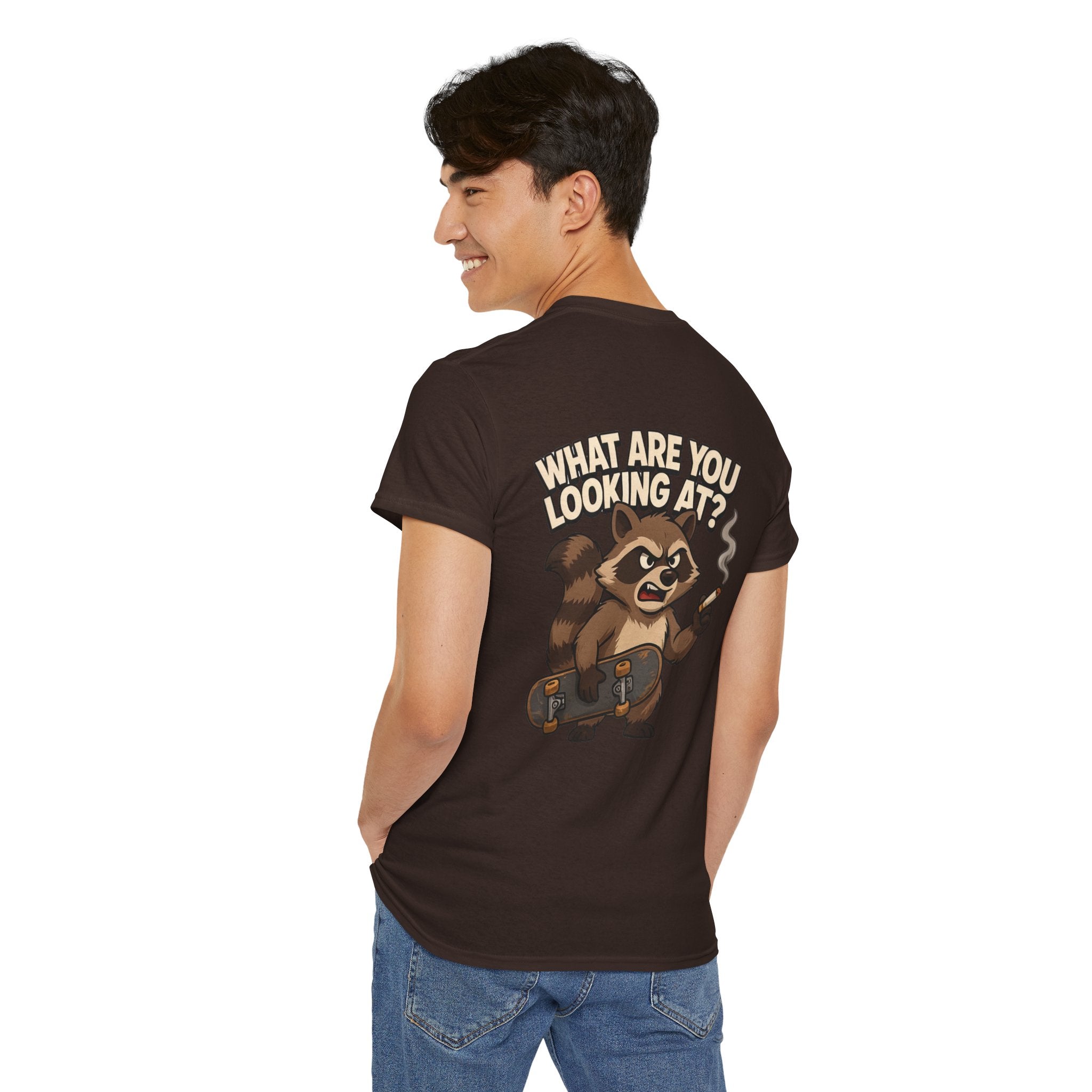 Graphic Tee — "What Are You Looking At?" Raccoon Illustration T-Shirt