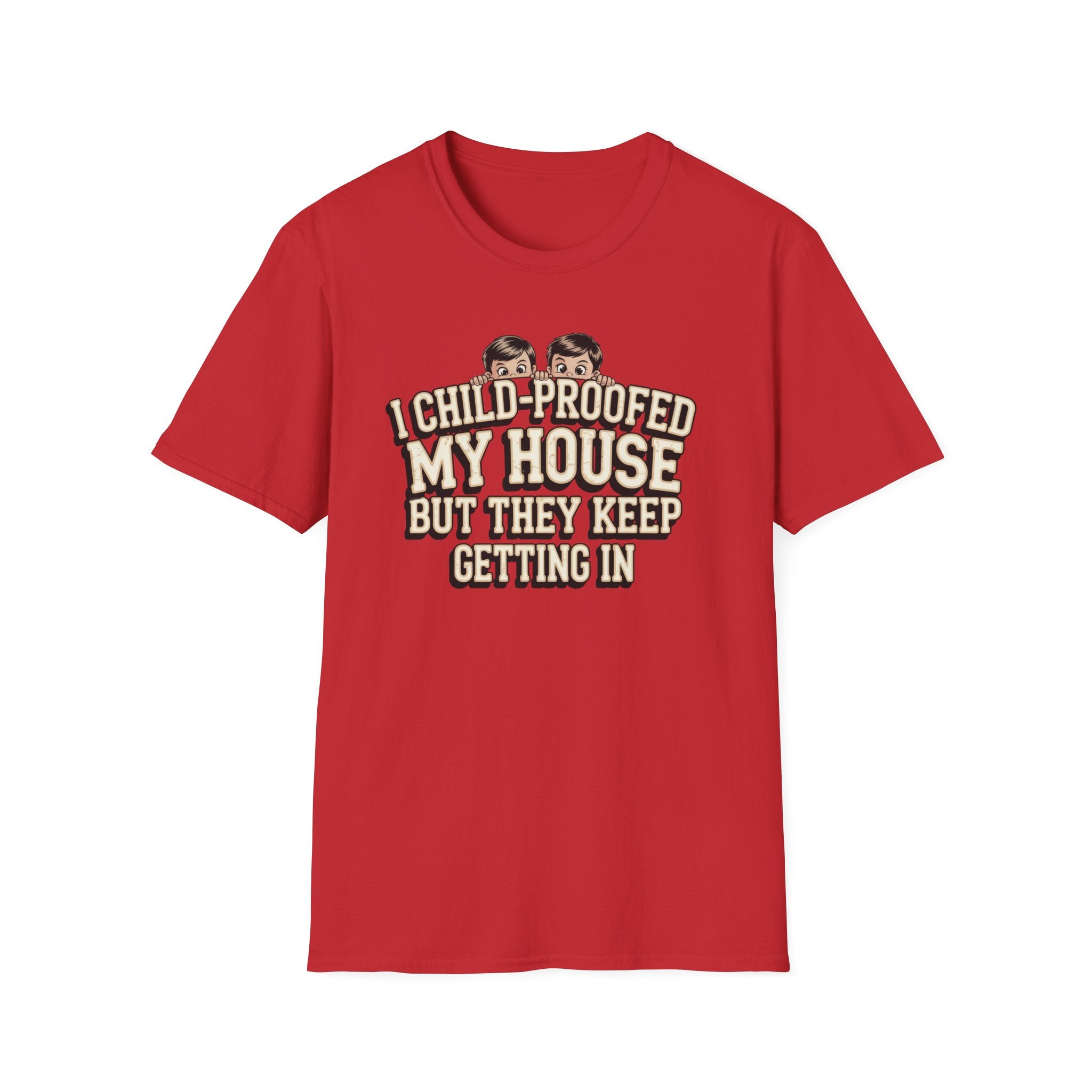 A red short-sleeve crewneck t-shirt with a humorous graphic printed on the chest. The graphic features the text 'I CHILD-PROOOFED MY HOUSE BUT THEY KEEP GETTING IN' in a beige and black retro font, with two cartoon children peeking out from above the text.