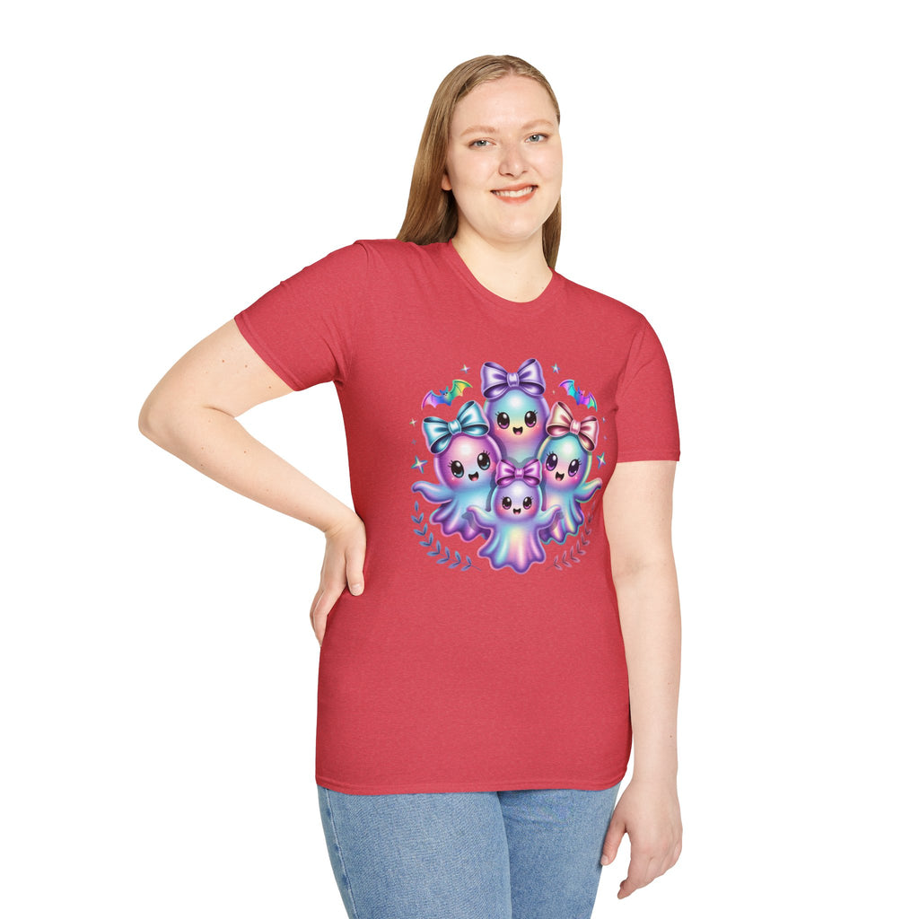 Cute Pastel Ghosts T-Shirt — Kawaii Iridescent Ghost Trio with Bows