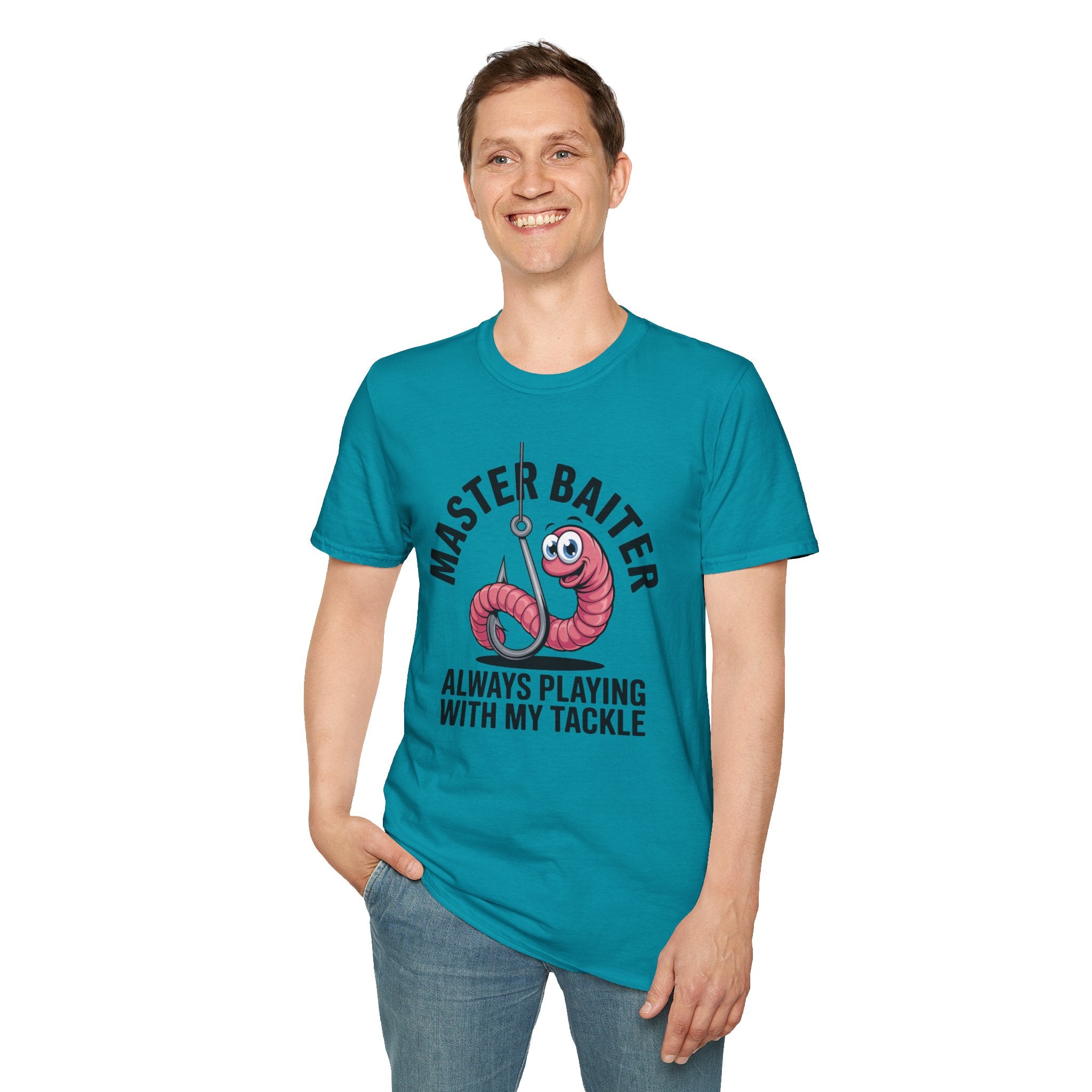 Master Baiter Fishing T-Shirt — Funny Worm Hook Tee ("Always Playing With My Tackle")