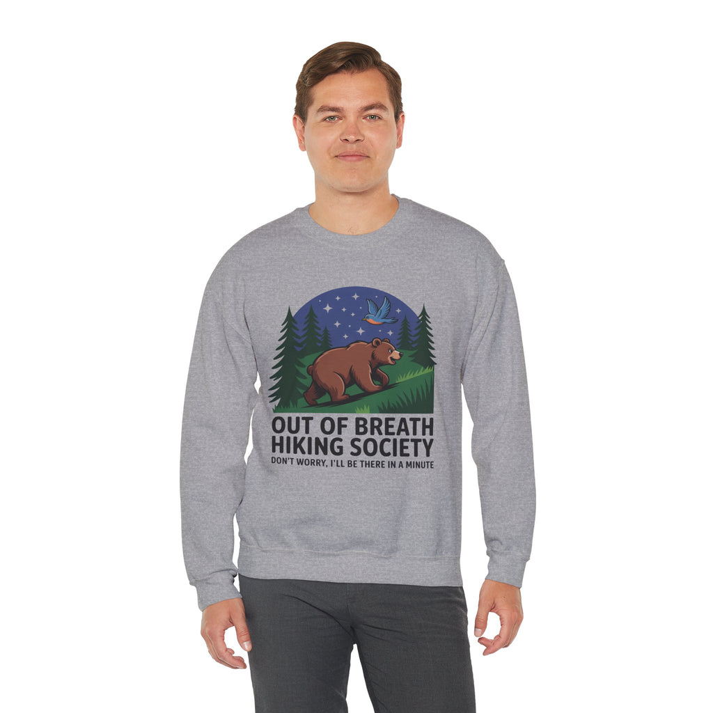 Out of Breath Hiking Society Crewneck Sweatshirt — Funny Bear Camping Graphic