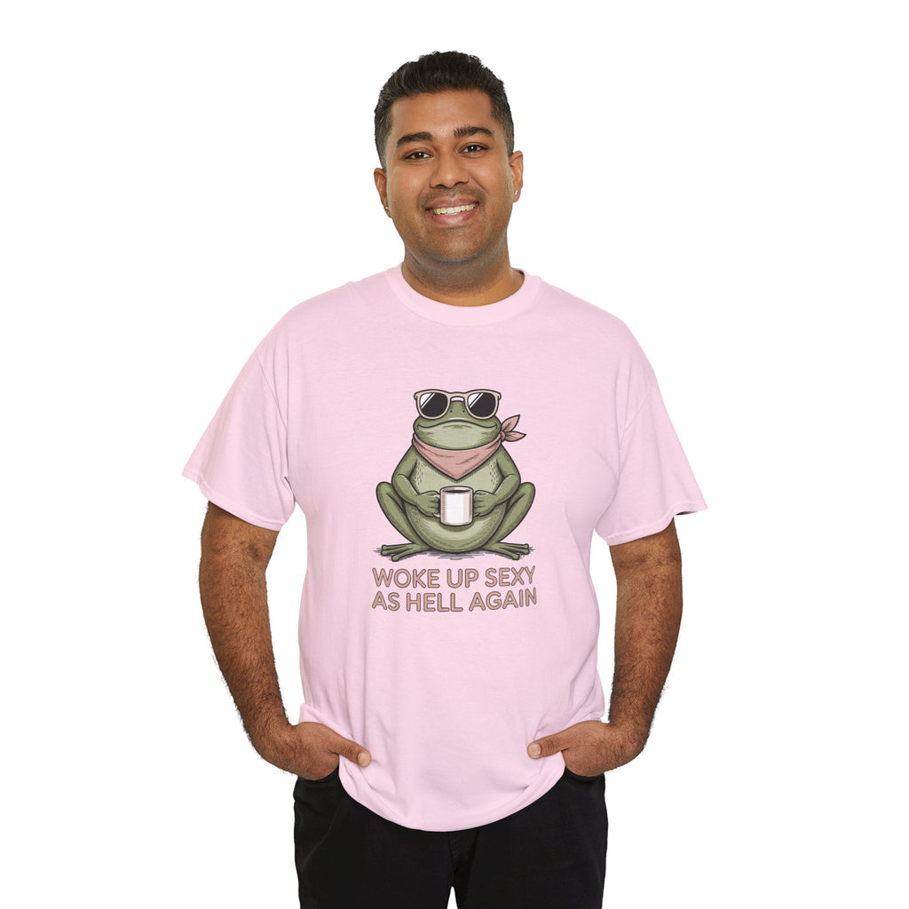 Frog Mug Graphic Tee — "Woke Up Sexy As Hell Again" Cotton T-Shirt