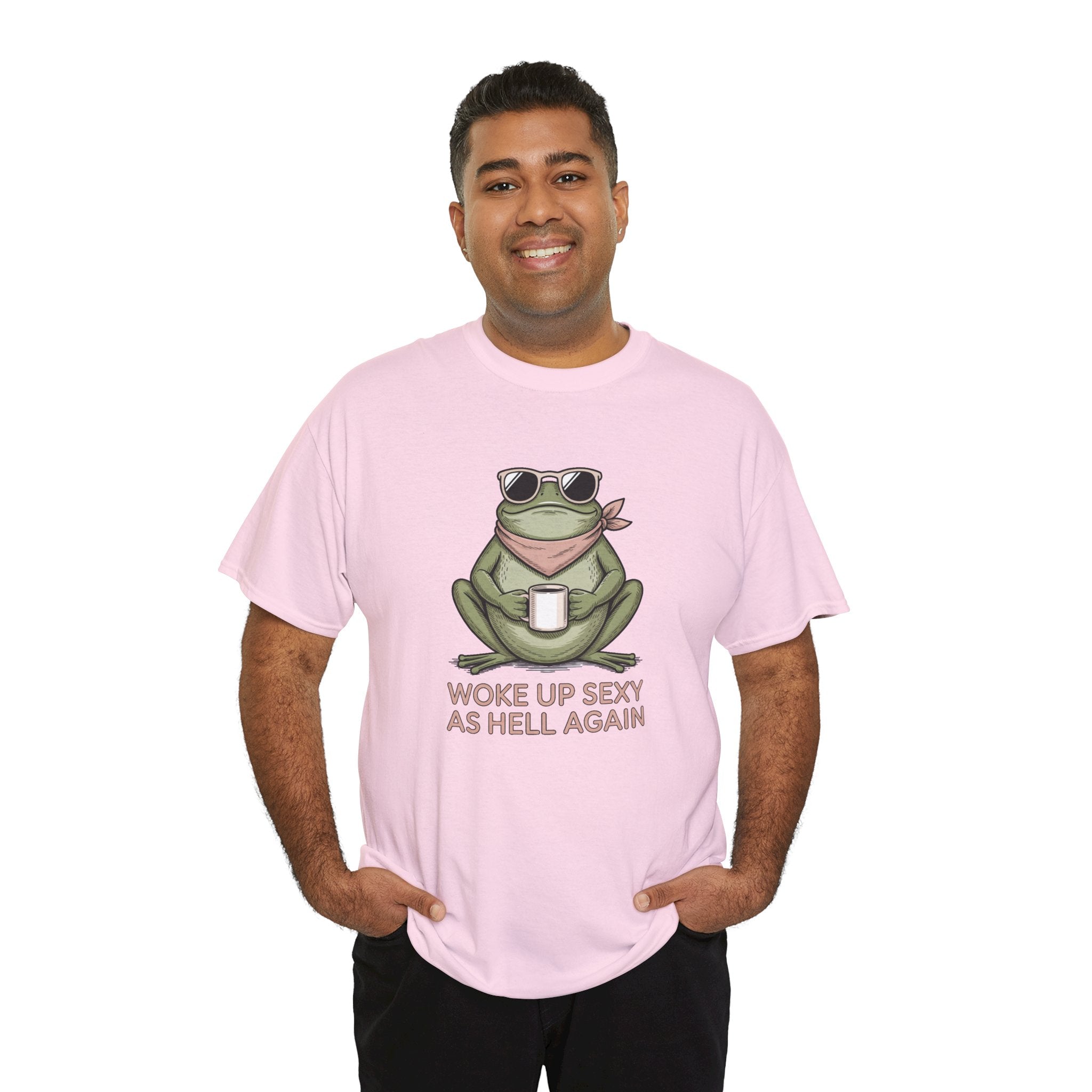 Frog Mug Graphic Tee — "Woke Up Sexy As Hell Again" Cotton T-Shirt