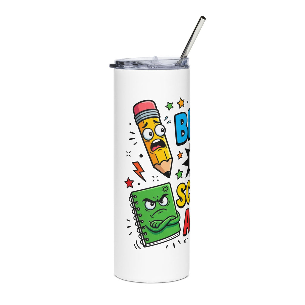 A white insulated tumbler with a clear lid and metal straw, featuring a colorful cartoon graphic of a pencil, notebook, stars, and text on the front.