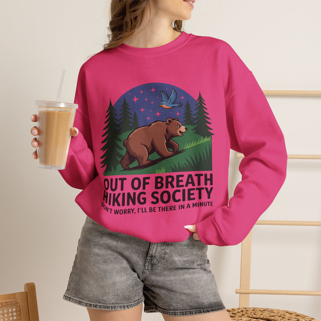 Out of Breath Hiking Society Crewneck Sweatshirt — Funny Bear Camping Graphic