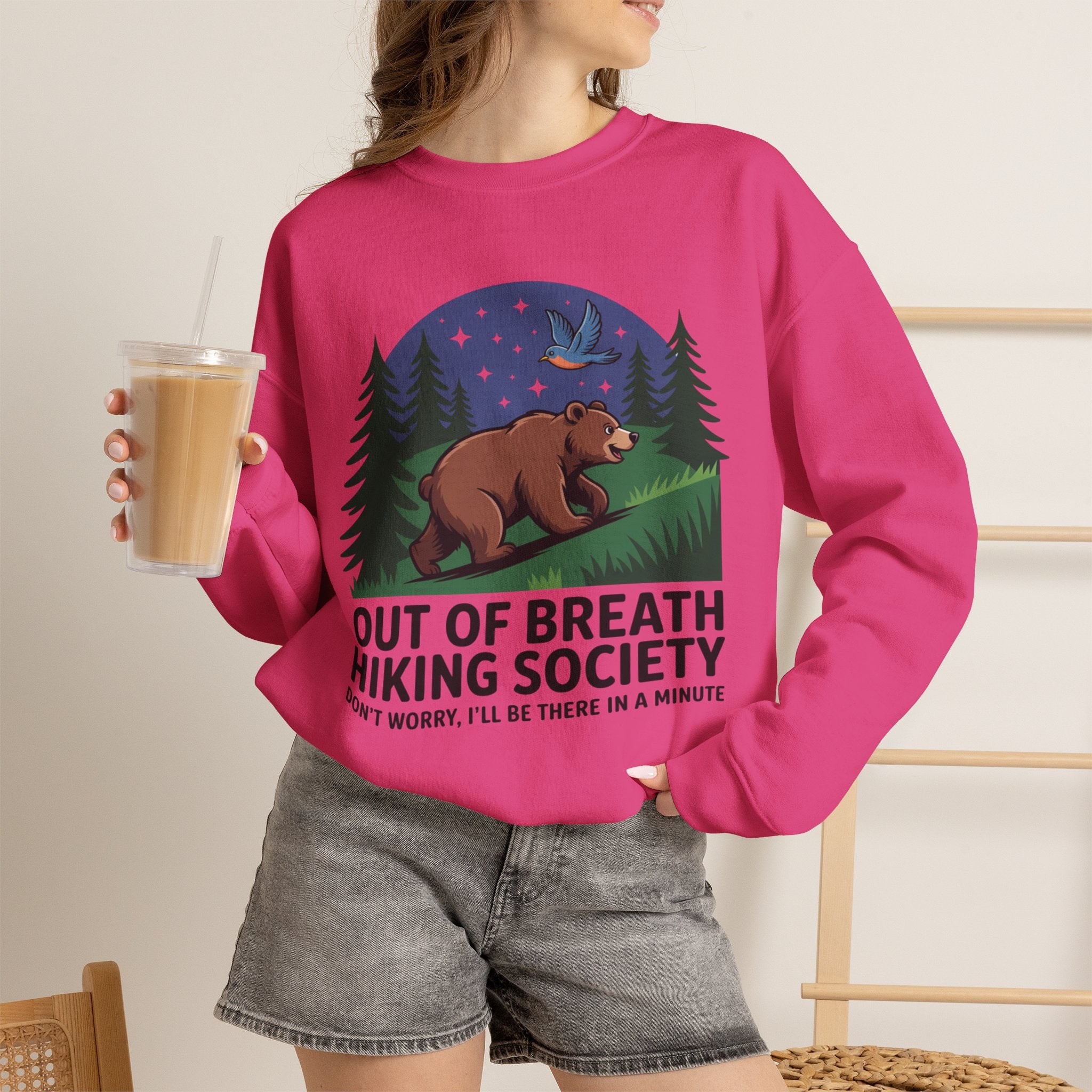 Out of Breath Hiking Society Crewneck Sweatshirt — Funny Bear Camping Graphic