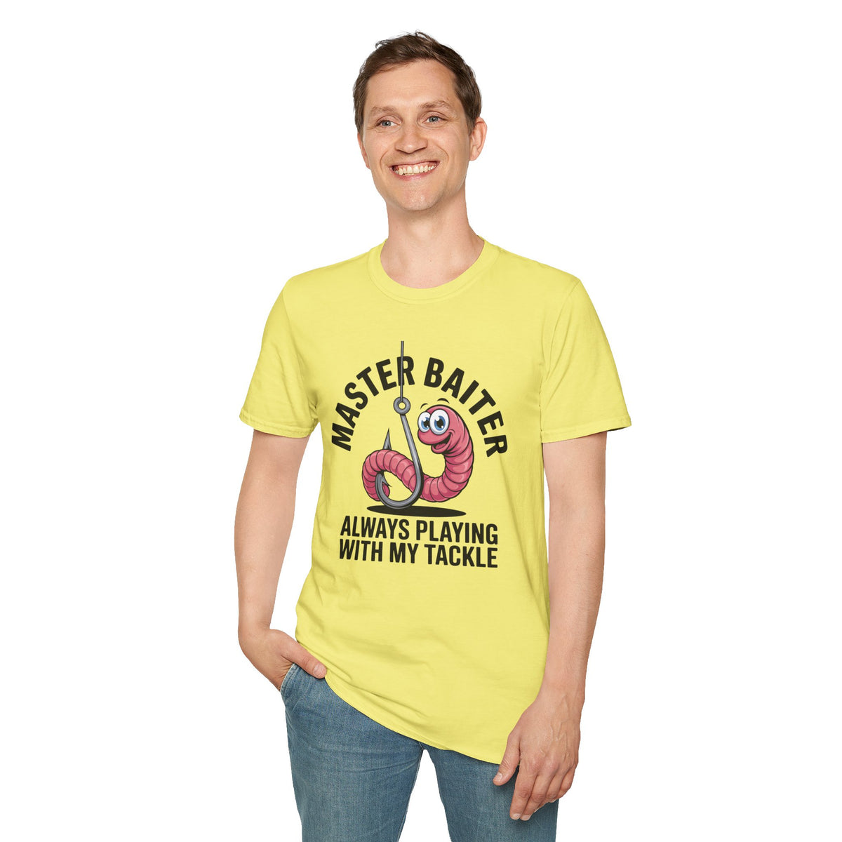 Master Baiter Fishing T-Shirt — Funny Worm Hook Tee ("Always Playing With My Tackle")